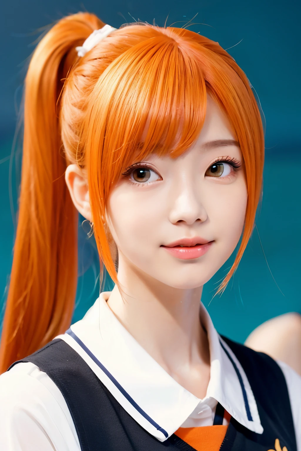 More Anime Style High School Girl Orange Hair Straight Ponytail Mischievous