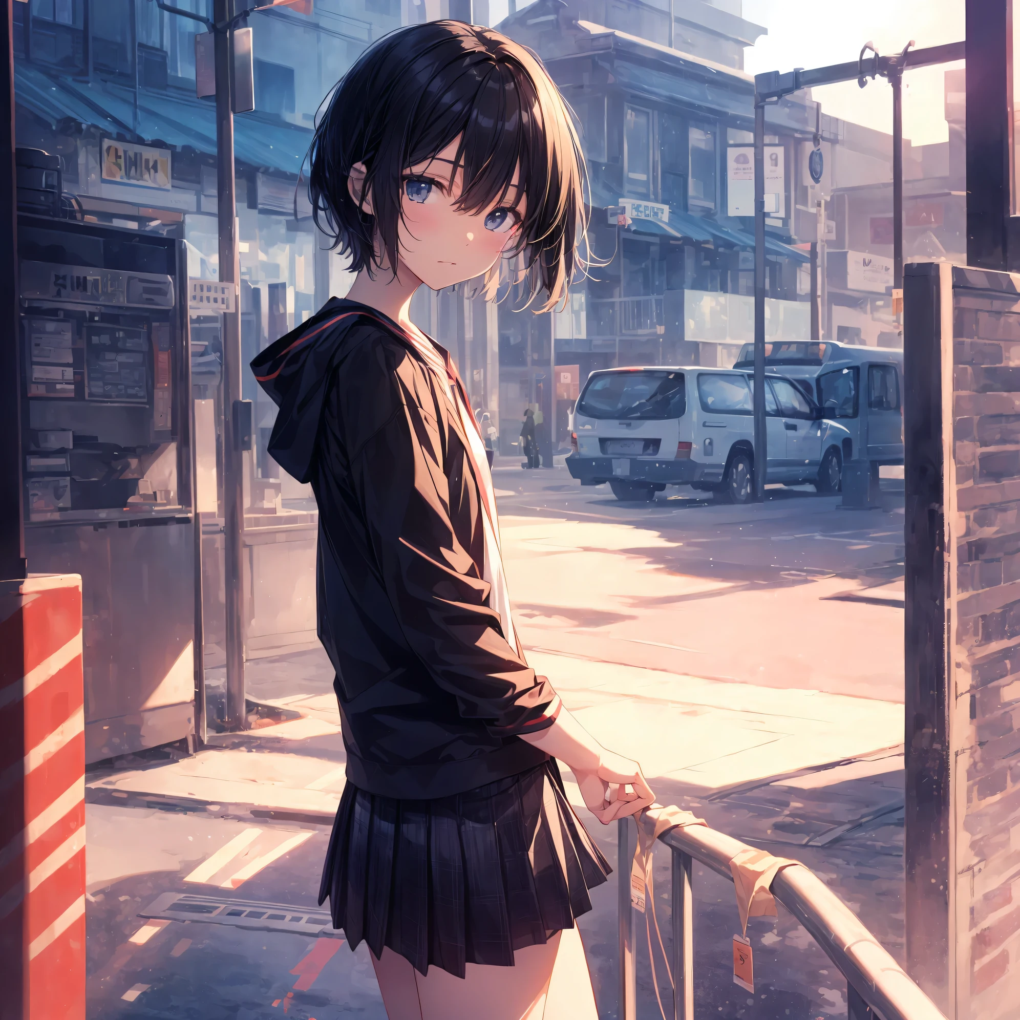 Super high quality by the art god, Ultra-detailed, High resolution, Shinkai Makoto style, anime moe art style, best anime 8K konachan wallpaper, Pixiv Contest Winner, Perfect Anatomy, BREAK,(Please draw a sleepy girl going to school alone.. ),BREAK, a hyperrealistic schoolgirl, (Solo,Lori,,13yea:1.3),Full limbs, complete fingers,a junior gynous attraction, (extra very short hair), hair messy, flat and soft chest, Small butt, groin, Small eyes,Beautiful detailed black eyes, Well-proportioned iris and pupils, disgusted eye, High resolution detailed hair, School uniform, Skirt,  On the way to school. BREAK,Ultra-detailed細なスキン, Best lighting by famous artists, 8K, Illustration,