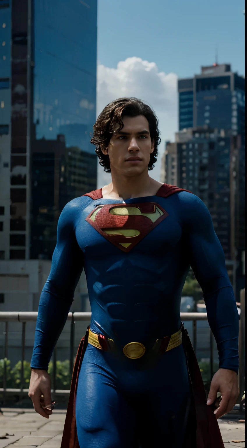 ultra hd:1.3, realistic, 1male, oval face, curly hair, superman outfit, very broken city background:1.3, view from front, realistic eye