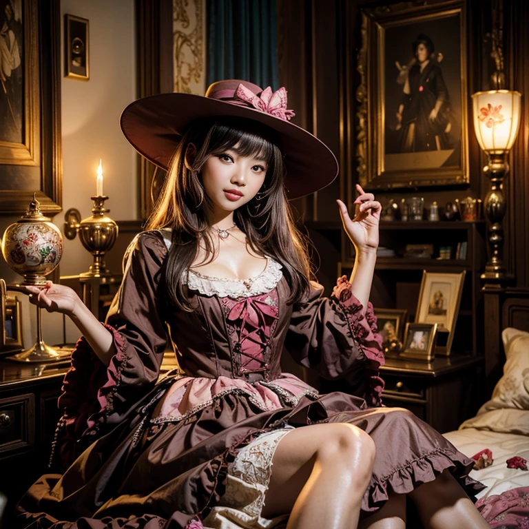 Ethnic、messy room、Turning around、Yumi Michishige、classic lolita fashion，All-brown dress、Swaying skirt、loose hair，dark pink hair color，wide-brimmed brown hat、dress with closed chest、Moody prince，A little erotic smile、Asian Taste、Candlelight、Butterflies are flying、chaotic daily life，Psychedelic that touches the soul，Chasing Your Dreams，
dreaming ambition，Rococo resident