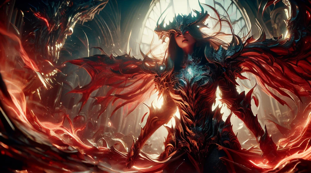 (in 8K, RAW Photos, top-quality, masterpiece:1.2), (realisitic, Photorealsitic:1.37), ultra-detailliert, high resolution, Huge Monster and sexy sorceress, Huge Monster and beautiful Sorceress, Looking at Viewer, full body, terrified expression,building crumbling, Burning flame, stunningly beautiful face, dynamic ungle