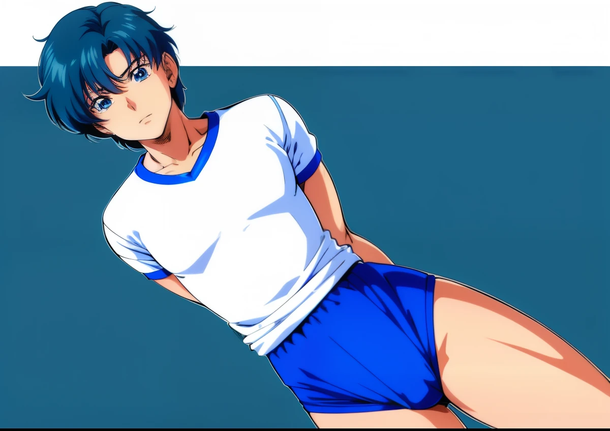 Anime man with blue hair poses for the camera、solo、very short blue haired man、Blue-eyed man、garments:gymnastic suit、wearing a white gym shirt、short sleeved shirt、Ecchi anime style、Wearing blue bloomers、Seductive Anime Men、Toei Animation style, Beautiful captivating anime、 Junior high school boys、2 d anime style