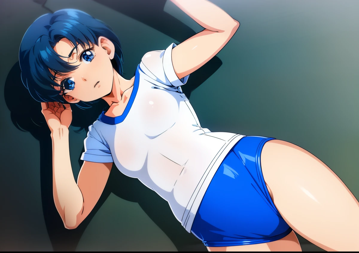 Blue haired anime boy poses for camera、solo、Very short blue-haired boy、Blue-eyed boy、garments:gymnastic suit、wearing a white gym shirt、short sleeved shirt、Ecchi anime style、Wearing blue bloomers、Seductive Anime Boy、Toei Animation style, Beautiful captivating anime、  boys、2 d anime style