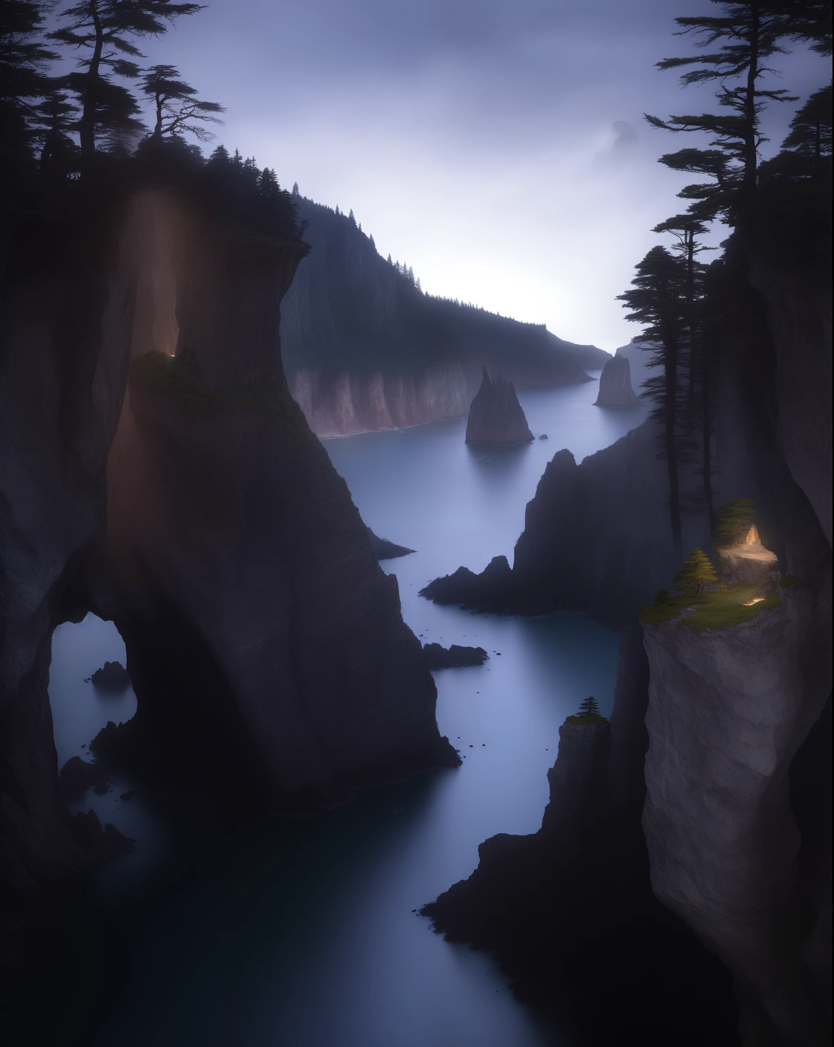 arafed view of a body of water with a rocky cliff in the background, pacific northwest coast, cliff side at dusk, mystical setting, with jagged rocks & eerie, with jagged rocks and eerie, by Alexander Robertson, by Jason A. Engle, cliffs, moody setting, marc adamus, cliffside, insanely mystical, coastal cliffs, rocky cliffs