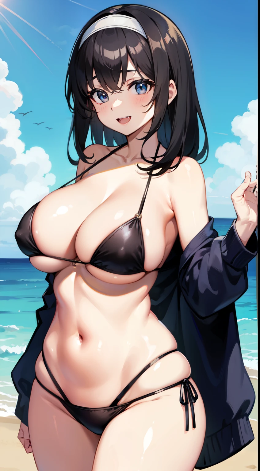 , cleavage, bikini, large breasts,, , navel, solo, beach,open mouth,cowboy shot,smile.wide hips.under boob,hair band,black hair