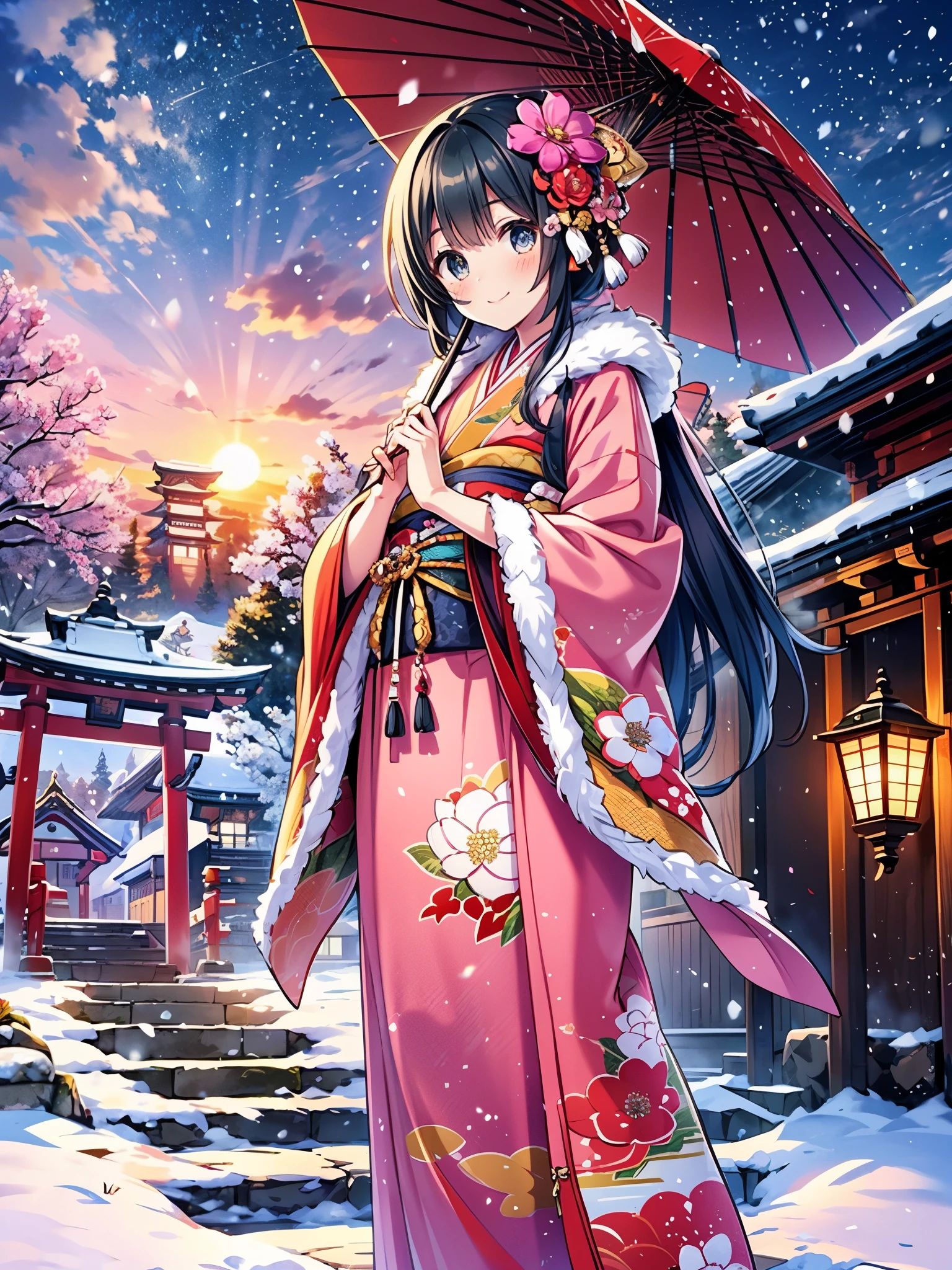 (masterpiece), best quality, expressive eyes,perfect face,((perfect anatomy, best hands)),1girl, solo, smile, a girl dressed in an eastern style and is holding an oil- umbrella standing at the front of torii in snowing winter,japanese, gorgeou shawl:1.2), kimono, (floral print:1.2), intricate prints, Furisode, fukuro obi, obiage, obijime, head Ornaments, hair flower, wide sleeves, long sleeves, colorful outfit, Shrine, a shrine in background, omainu, temizuya, stone lantern, stone stairs, (pink_sky:1.2),(sunrise:1.3),hand holding umbrella