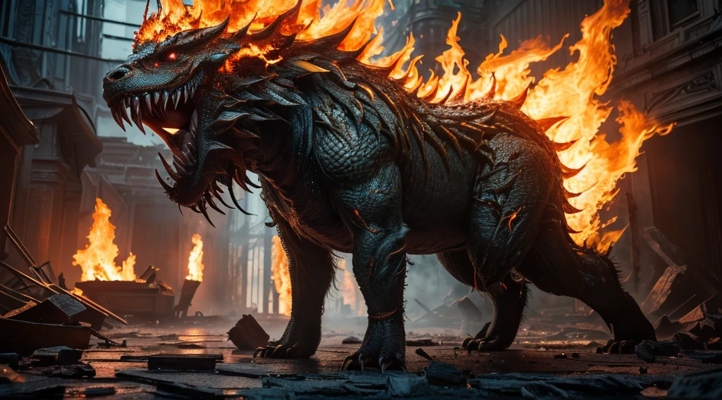 (in 8K, RAW Photos, top-quality, masterpiece:1.2), (realisitic, Photorealsitic:1.37), ultra-detailliert, high resolution, Huge Monster and sexy sorceress, Huge Monster and beautiful Sorceress, Looking at Viewer, full body, terrified expression,building crumbling, Burning flame, stunningly beautiful face, dynamic ungle