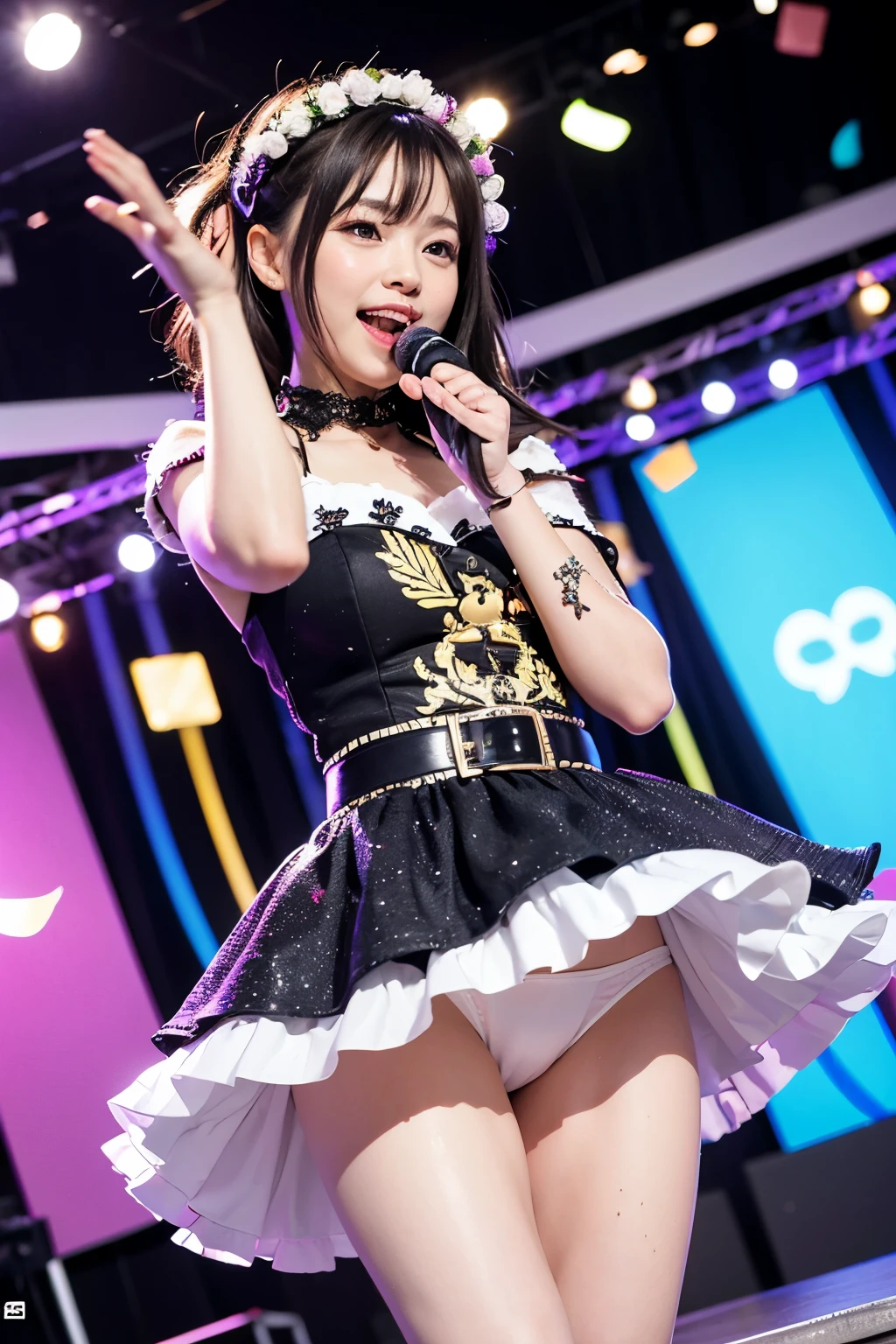 Woman in idol costume、Pose while singing and dancing happily together, Sweat and have fun, Everyone is smiling and having fun, Enjoy the moment. Girls are surrounded by cute and colorful decorations, Eta、They are comfortable and relaxing. They are all good friends, Eta、They are happy to spend time together, {{{{arena}}}},Idol stage, {{{spot lighting}}}, {{{Light from above}}}, {{{{Confetti:1.3, Motion Blur}}}},{{{Dutch Angle Shot}}}, masutepiece, absurderes, Best Quality, Intricate details, Best Quality, 8K, best aethetic, Beautiful Art, Ultra-detailed, Illustration, White panties、