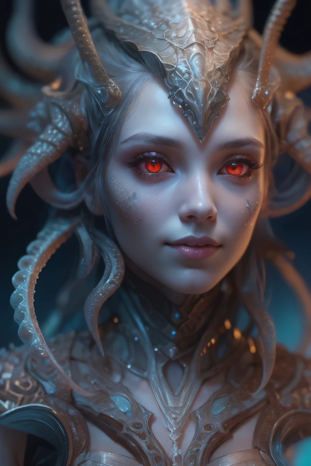 Portrait, (beautiful female alien:1.2), (she has red eyes with no pupils:1.8), (Translucent skin:1.7), (There is a female genital-like organ in the middle of the forehead:1.9), (The most beautiful face in the history of the universe:1.2),an evil gaze that seduces, (large mouth:1.1), (sharp teeth like a vampire:1.2), Full body like, (bio luminescent:1.5), (Smile wickedly:1.3), (sexypose:1.5), alien, No humans, cells are fused, (Lots of translucent tentacles:1.3) extraterrestrial, cell, bio image, Best Quality, 8K,4K_quality, High Definition, Dramatic Lighting, masutepiece:1.5,cinematic quality, detail up, (Intricate details:1.2), High resolution, High Definition, drawing faithfully, (Thick eyebrows:1.2), Beautiful eyes with fine symmetry,(Highly detailed face and eyes:1.2), Intimate face, (Super detailed skin quality feeling:1.4), Perfect Anatomy, (Beautiful toned body:1.5), (Moist skin:1.2), No makeup, (dark circles:1.1), long canines, cinematic drawing of characters, ultra high quality model, cinematic quality, detail up, (Intricate details:1.2), High resolution, High Definition, drawing faithfully, Official art, Unity 8K wall , 8K Portrait, Best Quality, Very High resolution, ultra detailed artistic photography, midnight aura, unreal enginee 5, Ultra Sharp Focus, art by alberto seveso, ArtGerm, Roisch, intricate artwork, best quality, masutepiece, ultra High resolution, (photos realistic:1.4), Ultra-realistic realism, dream-like, nautilus, Creation of fantasy, Snail, Dream Snail, biopunk nautilus, Thrilling color schemes, Ultra-realistic realism, seductively smiling, Blue tentacles,