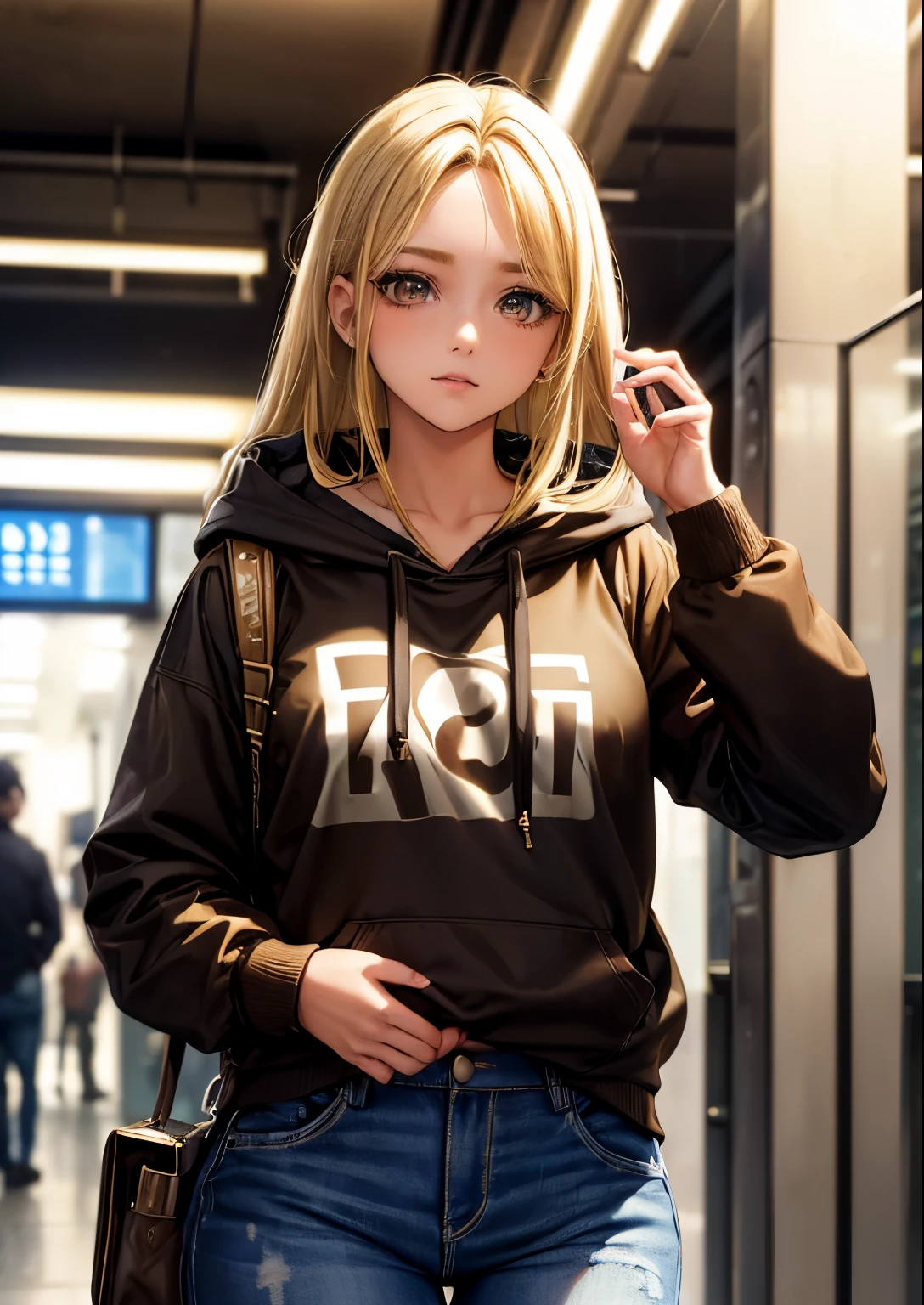 masterpiece, best quality,(blonde hair,brown eyes:1.5),eyes in highlight ,catch light eyes,specular highlight eyes,1girl,
subway ,subway station,underground,hoodie,jeans,dark