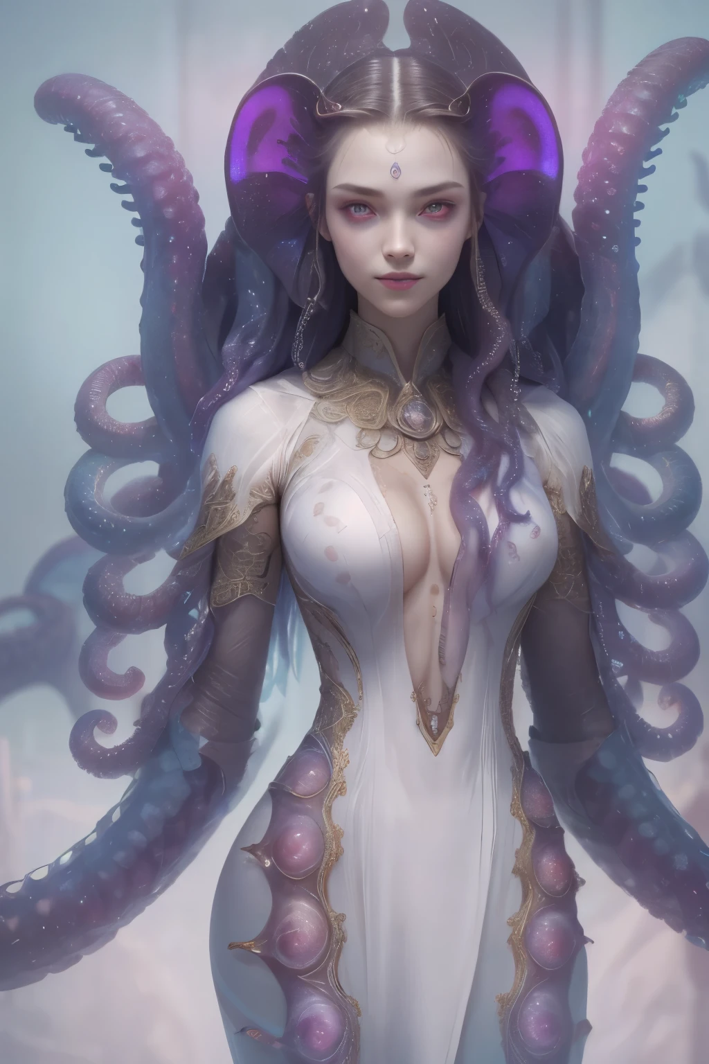 Portrait, (beautiful female alien:1.2), (she has red eyes with no pupils:1.8), (Translucent skin:1.7), (There is a female genital-like organ in the middle of the forehead:1.9), (The most beautiful face in the history of the universe:1.2),an evil gaze that seduces, (large mouth:1.1), (sharp teeth like a vampire:1.2), Full body like, (bio luminescent:1.5), (Smile wickedly:1.3), (sexypose:1.5), alien, No humans, cells are fused, (Lots of translucent tentacles:1.3) extraterrestrial, cell, bio image, Best Quality, 8K,4K_quality, High Definition, Dramatic Lighting, masutepiece:1.5,cinematic quality, detail up, (Intricate details:1.2), High resolution, High Definition, drawing faithfully, (Thick eyebrows:1.2), Beautiful eyes with fine symmetry,(Highly detailed face and eyes:1.2), Intimate face, (Super detailed skin quality feeling:1.4), Perfect Anatomy, (Beautiful toned body:1.5), (Moist skin:1.2), No makeup, (dark circles:1.1), long canines, cinematic drawing of characters, ultra high quality model, cinematic quality, detail up, (Intricate details:1.2), High resolution, High Definition, drawing faithfully, Official art, Unity 8K wall , 8K Portrait, Best Quality, Very High resolution, ultra detailed artistic photography, midnight aura, unreal enginee 5, Ultra Sharp Focus, art by alberto seveso, ArtGerm, Roisch, intricate artwork, best quality, masutepiece, ultra High resolution, (photos realistic:1.4), Ultra-realistic realism, dream-like, nautilus, Creation of fantasy, Snail, Dream Snail, biopunk nautilus, Thrilling color schemes, Ultra-realistic realism, seductively smiling, Blue tentacles,