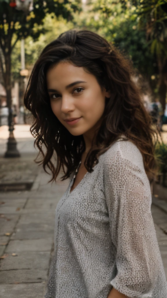 single woman hugging , very curly hair, medium chest, thin legs, brown skin, happy kid, ly hair, casual clothing, park in the background, (best quality, 4k, highres, masterpiece:1.2), ultra-detailed, (realistic, photorealistic:1.37), vibrant colors, sunlight, joyful atmosphere.