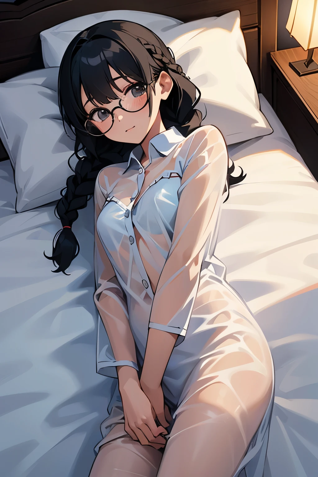 ung girl, glasses, braids, black hair, (lying on back, bed), ((see through)), white pajamas, night, pov, cowboy shot, shy