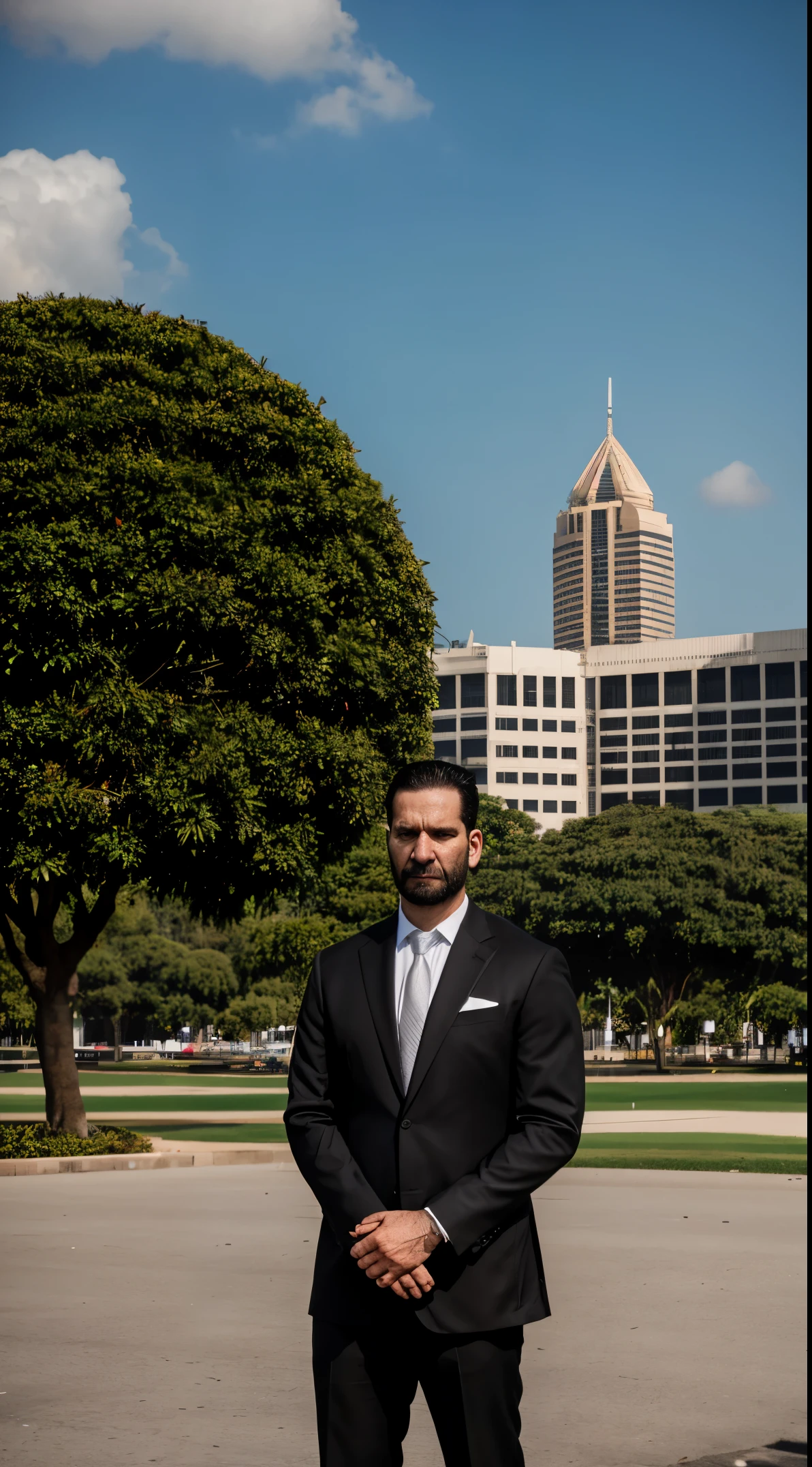 punisher portrait photo of a punisher wearing black suit and black suit with white big skull logo, shooting a shootgun in the parking lot with the jakarta monas building and palm trees in the background, high quality, very sharp, professional photography