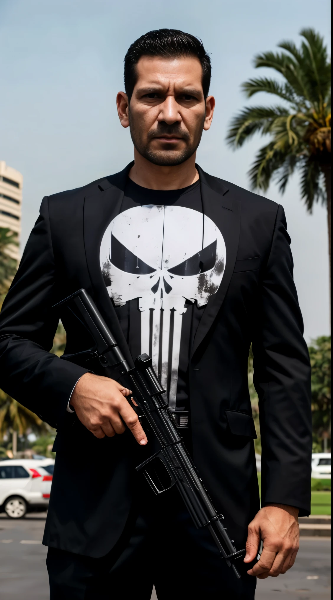 punisher portrait photo of a punisher wearing black suit and black suit with white big skull logo, shooting a shootgun in the parking lot with the jakarta monas building and palm trees in the background, high quality, very sharp, professional photography