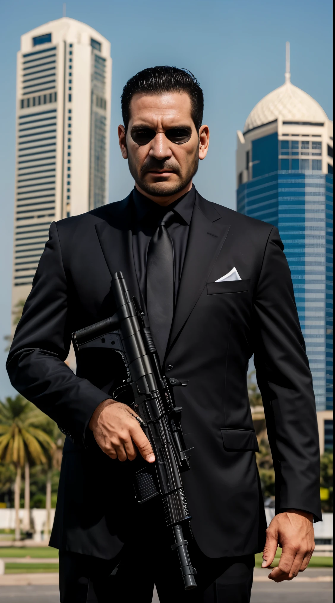 punisher portrait photo of a punisher wearing black suit and black suit with white big skull logo, shooting a shootgun in the parking lot with the jakarta monas building and palm trees in the background, high quality, very sharp, professional photography