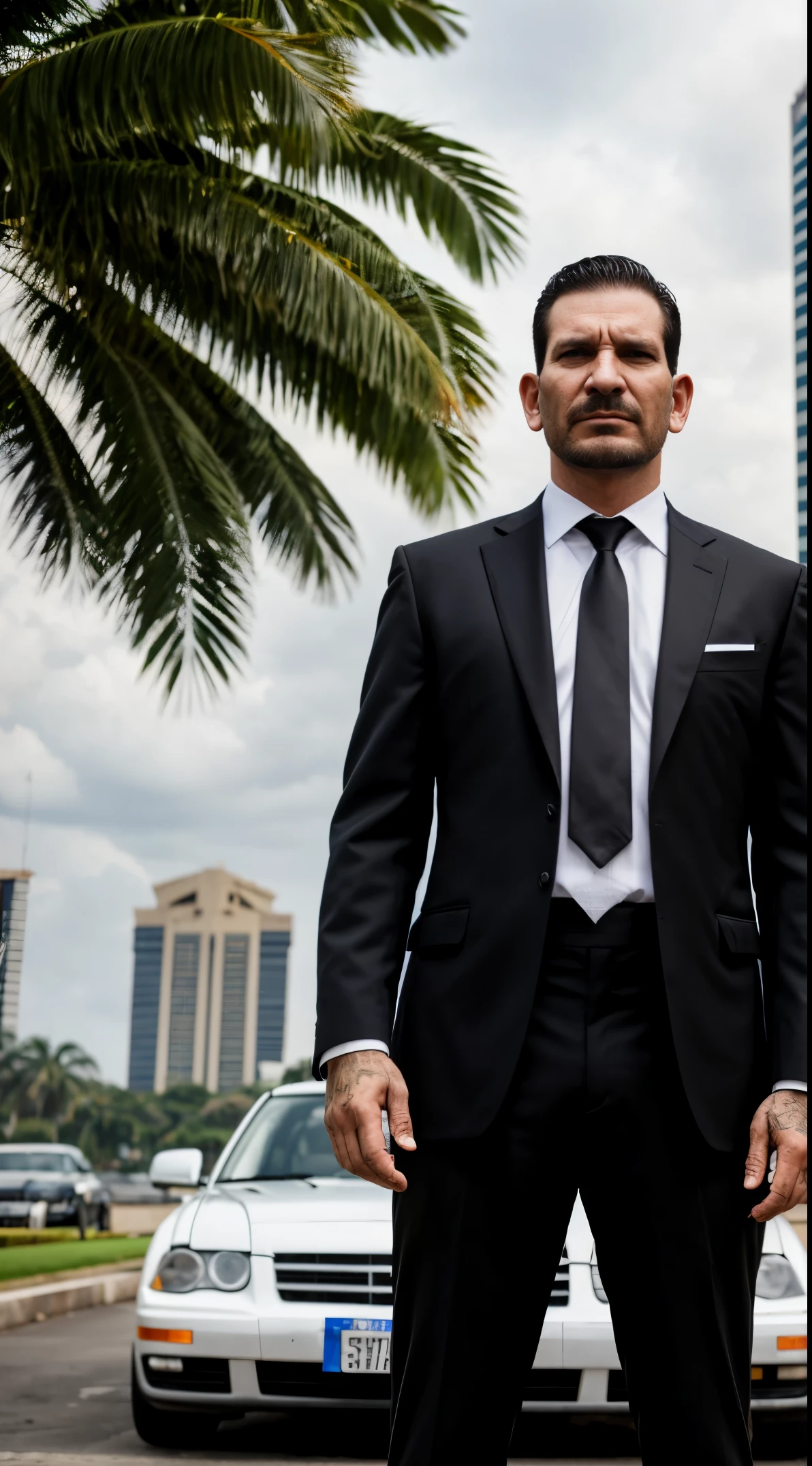 punisher portrait photo of a punisher wearing black suit and black suit with white big skull logo, shooting a shootgun in the parking lot with the jakarta monas building and palm trees in the background, high quality, very sharp, professional photography