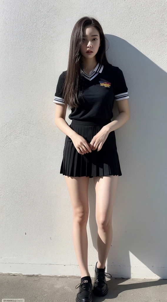 ((full body)), Ultra-realistic capture, Highly detailed, High resolution 16k close-up of human skin. Skin texture must be natural, With such detail that pores can be finely identified. Skin should look healthy, In a uniform tone. Use natural light and color, black streaked hair, streaked hair, black short hair, ((full body)), stand against the wall,dutch angle,UHD, retina, masterpiece, ccurate, anatomically correct, super detail, textured skin, high details, high quality, best quality, highres, 1080P, HD, 4K, 8k