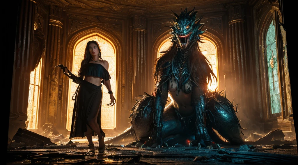 (in 8K, RAW Photos, top-quality, masterpiece:1.2), (realisitic, Photorealsitic:1.37), ultra-detailliert, high resolution, Huge Monster and sexy sorceress, Huge Monster and beautiful Sorceress, Looking at Viewer, full body, terrified expression,building crumbling, Burning flame, stunningly beautiful face, dynamic ungle