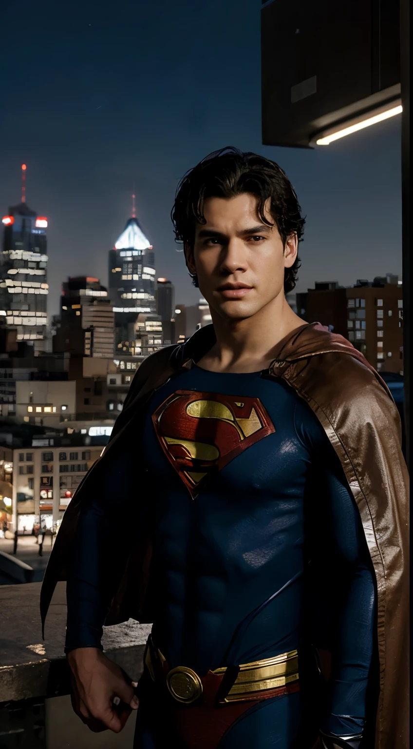 ultra hd:1.3, realistic, 1male, oval face, curly hair, superman outfit, very broken city background:1.3, view from front, realistic eye