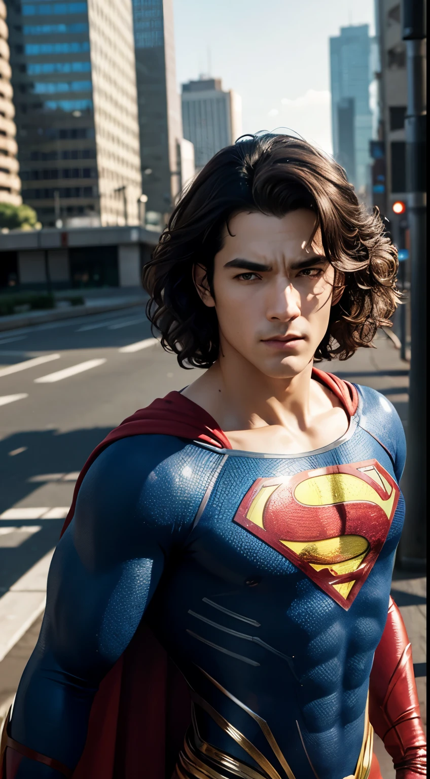 ultra hd:1.3, realistic, 1male, oval face, curly hair, superman outfit, very broken city background:1.3, view from front, realistic eye