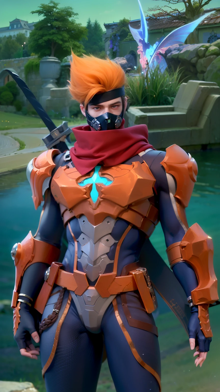 masculine male, masterpiece, ((perfect eyeest quality, (semirealism:1.9), beautiful lighting, (extremely detailed CG unity 4k fhd wallpaper), High Detail, Sharp focus, dramatic outdoors, 1 boy ,19 years old, orange hair, light purpel eyes, smile, Attractive profile picture, masterpiece, ultra-precise rendering, beautiful and cool young man, trustworthy, dependable young man, savior of the world, design, most beautiful image, 4K, light green eyes, the color of the clothes is the same as the original, demon ninja, demon armor, sword.