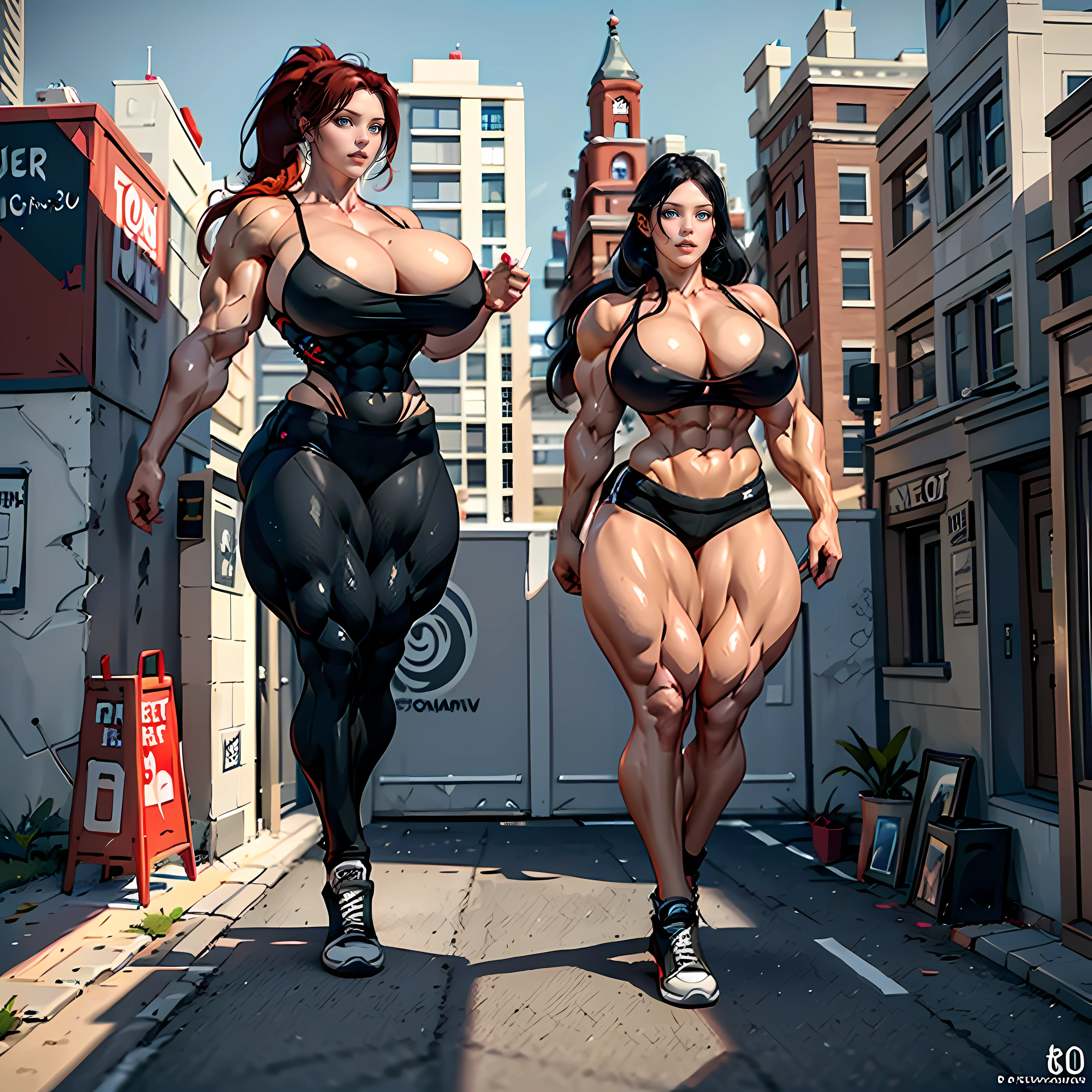 SOLO, ALONE, Katheryn Winnick, very tall, extremely long legs, black yoga pants with a red stripe, massive breasts, implants, red corset top, long black hair in a ponytail, red highlight in ponytail, shocked look on her face, converse shoes, street corner, [colorful graffiti background], (masterpiece, 8k, ultra realistic, UHD, best quality:1.2), (((huge muscles)))