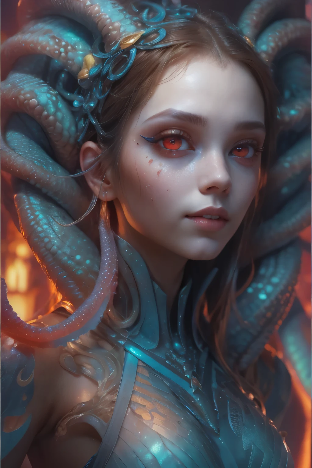 Portrait, (beautiful female alien:1.2), (she has red eyes with no pupils:1.8), (Translucent skin:1.7), (There is a female genital-like organ in the middle of the forehead:1.9), (The most beautiful face in the history of the universe:1.2),an evil gaze that seduces, (large mouth:1.1), (sharp teeth like a vampire:1.2), Full body like, (bio luminescent:1.5), (Smile wickedly:1.3), (sexypose:1.5), alien, No humans, cells are fused, (Lots of translucent tentacles:1.3) extraterrestrial, cell, bio image, Best Quality, 8K,4K_quality, High Definition, Dramatic Lighting, masutepiece:1.5,cinematic quality, detail up, (Intricate details:1.2), High resolution, High Definition, drawing faithfully, (Thick eyebrows:1.2), Beautiful eyes with fine symmetry,(Highly detailed face and eyes:1.2), Intimate face, (Super detailed skin quality feeling:1.4), Perfect Anatomy, (Beautiful toned body:1.5), (Moist skin:1.2), No makeup, (dark circles:1.1), long canines, cinematic drawing of characters, ultra high quality model, cinematic quality, detail up, (Intricate details:1.2), High resolution, High Definition, drawing faithfully, Official art, Unity 8K wall , 8K Portrait, Best Quality, Very High resolution, ultra detailed artistic photography, midnight aura, unreal enginee 5, Ultra Sharp Focus, art by alberto seveso, ArtGerm, Roisch, intricate artwork, best quality, masutepiece, ultra High resolution, (photos realistic:1.4), Ultra-realistic realism, dream-like, nautilus, Creation of fantasy, Snail, Dream Snail, biopunk nautilus, Thrilling color schemes, Ultra-realistic realism, seductively smiling, Blue tentacles,