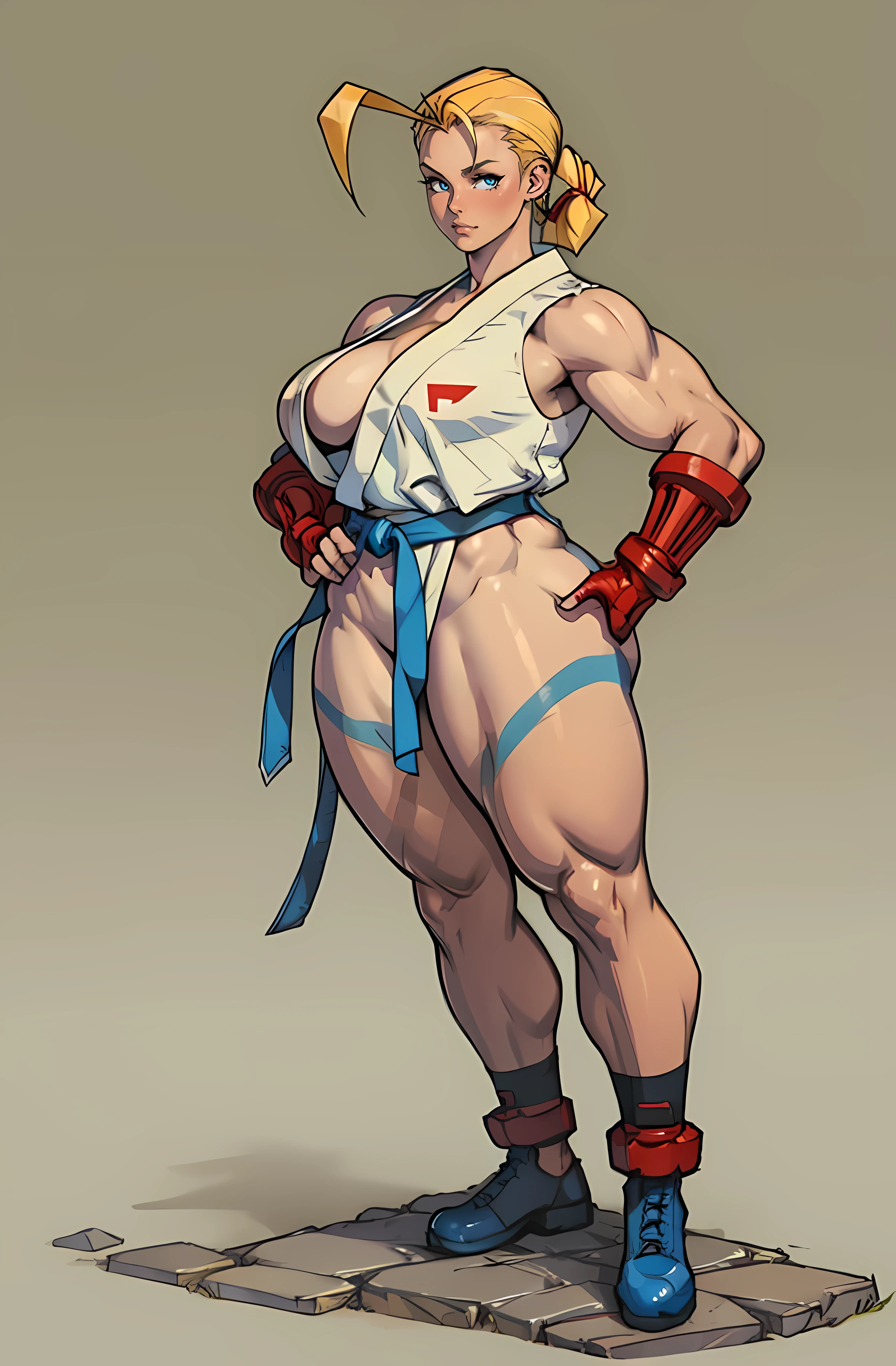 jim lee street fighter, 1girl, cammy white, (thick thighs), (slightly chubby), martial arts gi, makeup, earrings, direct look, solid background, full body, ((masterpiece))