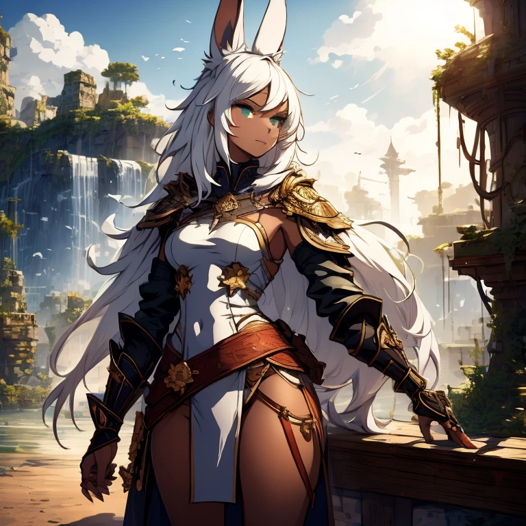 Best quality, masterpiece, super detailed high resolution, (realistic: 1.4), full bodyview, solo, 1 Girl Holding swords, two short sword, one sword in each hand, (Solo Exhibition: 1.2), open white fur mantle, abs, toned body, muscle, Earrings, messy_long_hair, Movie Lights, lens_flare, dark brown skin, brown skin, dark skin, ebony skin, green eyes, white hair, white rabbit ears, swords unsheathed,