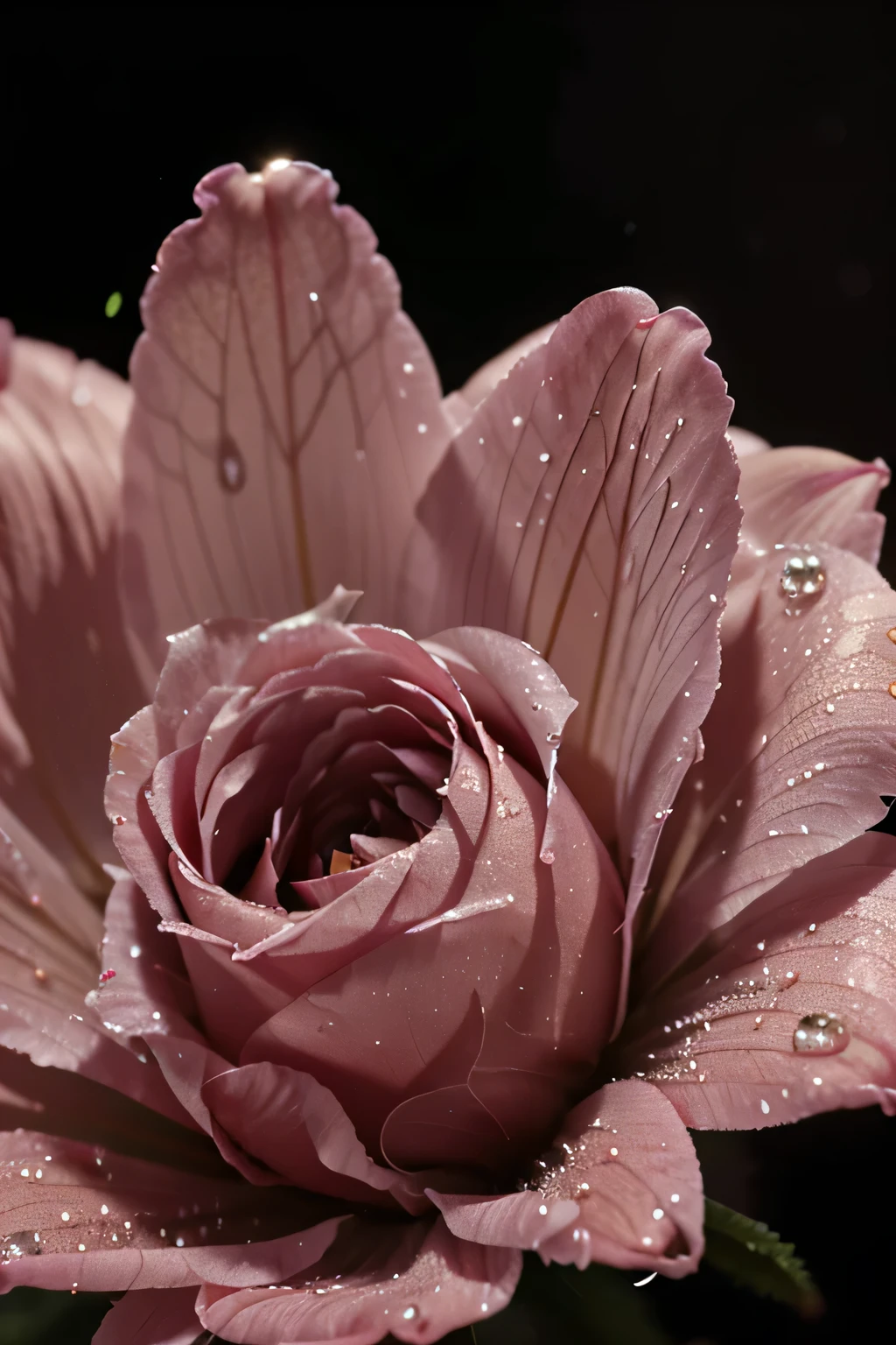 A photograph of a flower, with dew drops, on a black background. The flower is pink and has petals and a stamen. The dew drops are sparkling and have reflections. The background is black and has some bokeh. The light is artificial and comes from the side. Taken on: a mirrorless camera, f/2.8, 1/60s, ISO 800, 50mm lens, macro mode.