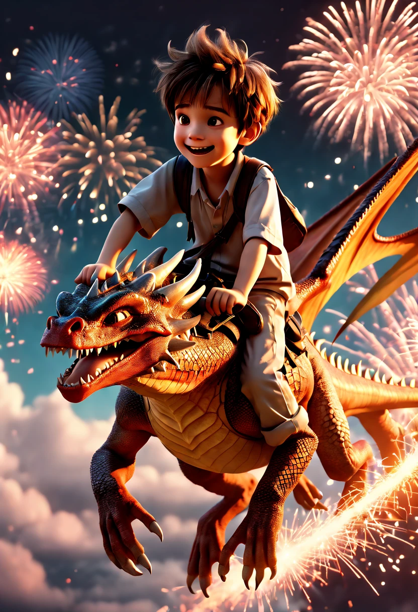 masterpiece, best quality, (highretremely detailed CG, (incredibly absurdres), (boy ride a Dragon flying sky), action shot, happy, (background is fireworks sky)