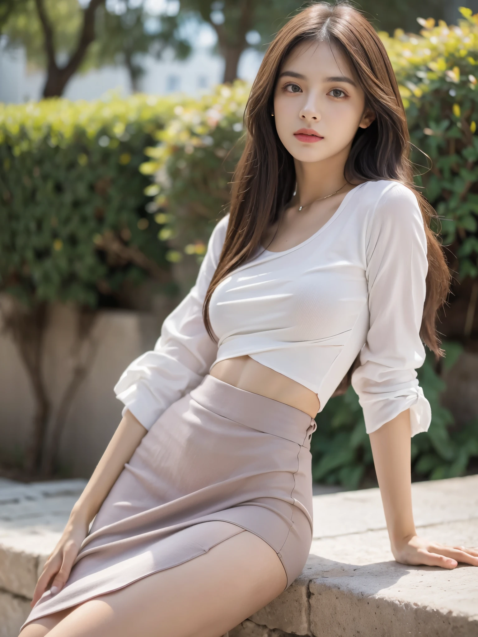 Obra maestra, La mejor calidad, ultra-high resolution, Foto de alto detalle, Unidad 8K Fondo de pantalla, CG extremadamente detallado:1.2),(Foto RAW:1.realistic photography:1.4), 1girll, joven, physically based representation, beautiful, (Cara finamente detallada:1.4, Ropa detallada), (Detallado:1.4) Cara hermosa, Profundidad de campo, Agregar capa, hiperrealista, 27 years old, Modelo de cuerpo perfecto, senos perfectos, 175cm de altura, pose sexy, cuerpo completo, Tipo de cuerpo del modelo, white shirt, superskirt, sitting, Cabello largo, Eimi Fukada, doble parpado, depth of field, bokeh