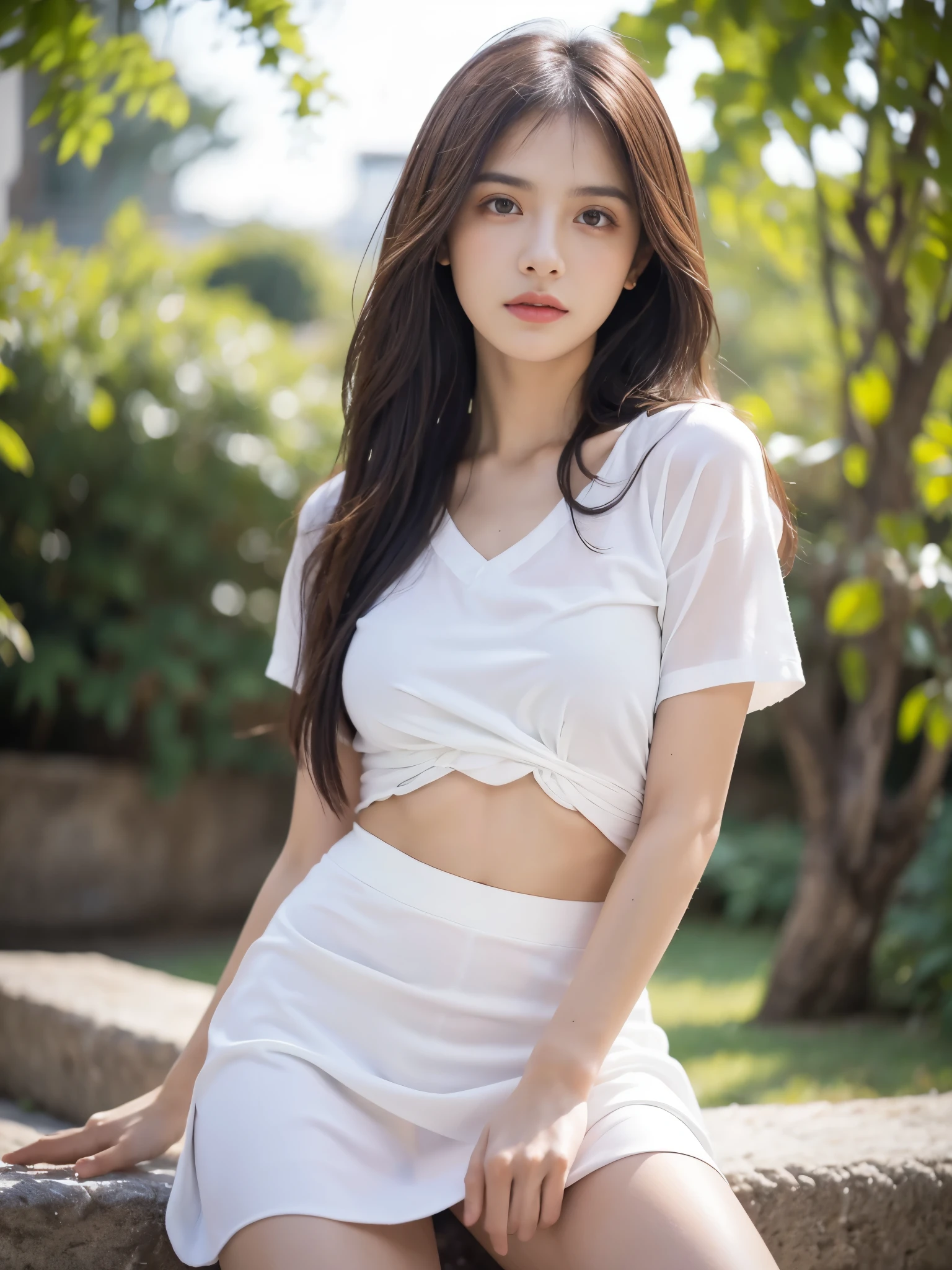 Obra maestra, La mejor calidad, ultra-high resolution, Foto de alto detalle, Unidad 8K Fondo de pantalla, CG extremadamente detallado:1.2),(Foto RAW:1.realistic photography:1.4), 1girll, joven, physically based representation, beautiful, (Cara finamente detallada:1.4, Ropa detallada), (Detallado:1.4) Cara hermosa, Profundidad de campo, Agregar capa, hiperrealista, 27 years old, Modelo de cuerpo perfecto, senos perfectos, 175cm de altura, pose sexy, cuerpo completo, Tipo de cuerpo del modelo, white shirt, superskirt, sitting, Cabello largo, Eimi Fukada, doble parpado, depth of field, bokeh