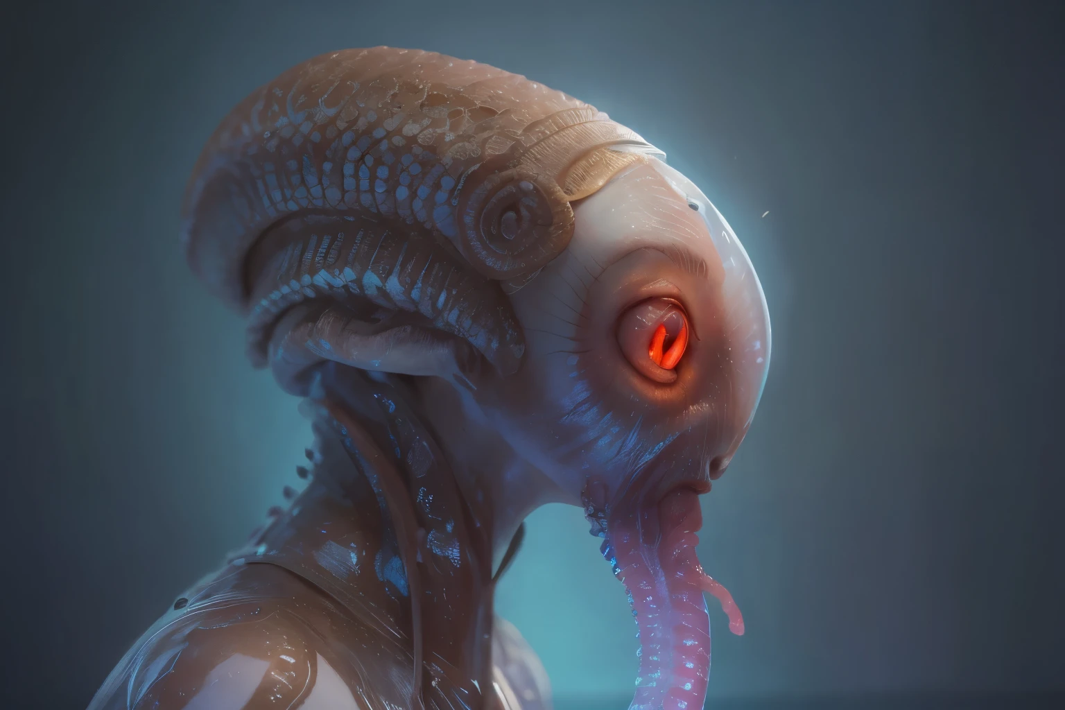 Portrait, (beautiful female alien:1.2), (she has red eyes with no pupils:1.8), (Translucent skin:1.7), (There is a female genital-like organ in the middle of the forehead:1.9), (The most beautiful face in the history of the universe:1.2),an evil gaze that seduces, (large mouth:1.1), (sharp teeth like a vampire:1.2), Full body like, (bio luminescent:1.5), (Smile wickedly:1.3), (sexypose:1.5), alien, No humans, cells are fused, (Lots of translucent tentacles:1.3) extraterrestrial, cell, bio image, Best Quality, 8K,4K_quality, High Definition, Dramatic Lighting, masutepiece:1.5,cinematic quality, detail up, (Intricate details:1.2), High resolution, High Definition, drawing faithfully, (Thick eyebrows:1.2), Beautiful eyes with fine symmetry,(Highly detailed face and eyes:1.2), Intimate face, (Super detailed skin quality feeling:1.4), Perfect Anatomy, (Beautiful toned body:1.5), (Moist skin:1.2), No makeup, (dark circles:1.1), long canines, cinematic drawing of characters, ultra high quality model, cinematic quality, detail up, (Intricate details:1.2), High resolution, High Definition, drawing faithfully, Official art, Unity 8K wall , 8K Portrait, Best Quality, Very High resolution, ultra detailed artistic photography, midnight aura, unreal enginee 5, Ultra Sharp Focus, art by alberto seveso, ArtGerm, Roisch, intricate artwork, best quality, masutepiece, ultra High resolution, (photos realistic:1.4), Ultra-realistic realism, dream-like, nautilus, Creation of fantasy, Snail, Dream Snail, biopunk nautilus, Thrilling color schemes, Ultra-realistic realism, seductively smiling, Blue tentacles,