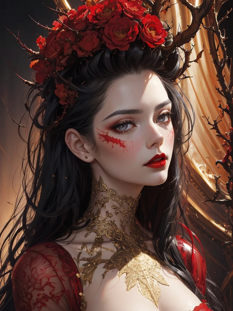 Ultra-realistic 8k CG, masterpiece, ((ultra-detailed background, delicate pattern, intricate details)), best quality, very detailed face, extremely detailed eyes and face, extremely detailed eyes, 1girl, female samurai, solo, robe<red>, [(red background:1.6)::0.5], full body, long hair, black hair, red eyes, red highlight, sharp eyes, (Splatted red paint:1.4), Knife light artifact, in profile, flame, thick smoke, river<lora:standingFullBodyWithBackgroundStyle_v10Offset:1> <lora:sunAndShadow_v10:0.4>, ((best quality)), ((masterpiece)), (detailed), (realistic),, magic landscape,elden ring, dark arts, the witcher,realistic photo,breath taking, sharp lense, professional photographie, 70mm lense, detail love, good quality, unreal engine 5, wallpaper, colerful, highly detailed, 8k, soft light, photo realistic, wide angle full body, 8k, Cinematography, photorealistic, epic composition Unreal Engine, Cinematic, Color Grading, Portrait Photography, Ultra-Wide Angle, Depth of Field, hyper detailed _SamDoesArt2_, photorealistic, realistic, photorealistic, best quality, super high resolution, beautiful, masterpiece, best quality, perfect lighting, best quality, super high resolution, photo realistic, super detailed, masterpiece, best quality,  <lora:darkRedVampire_v10:1>