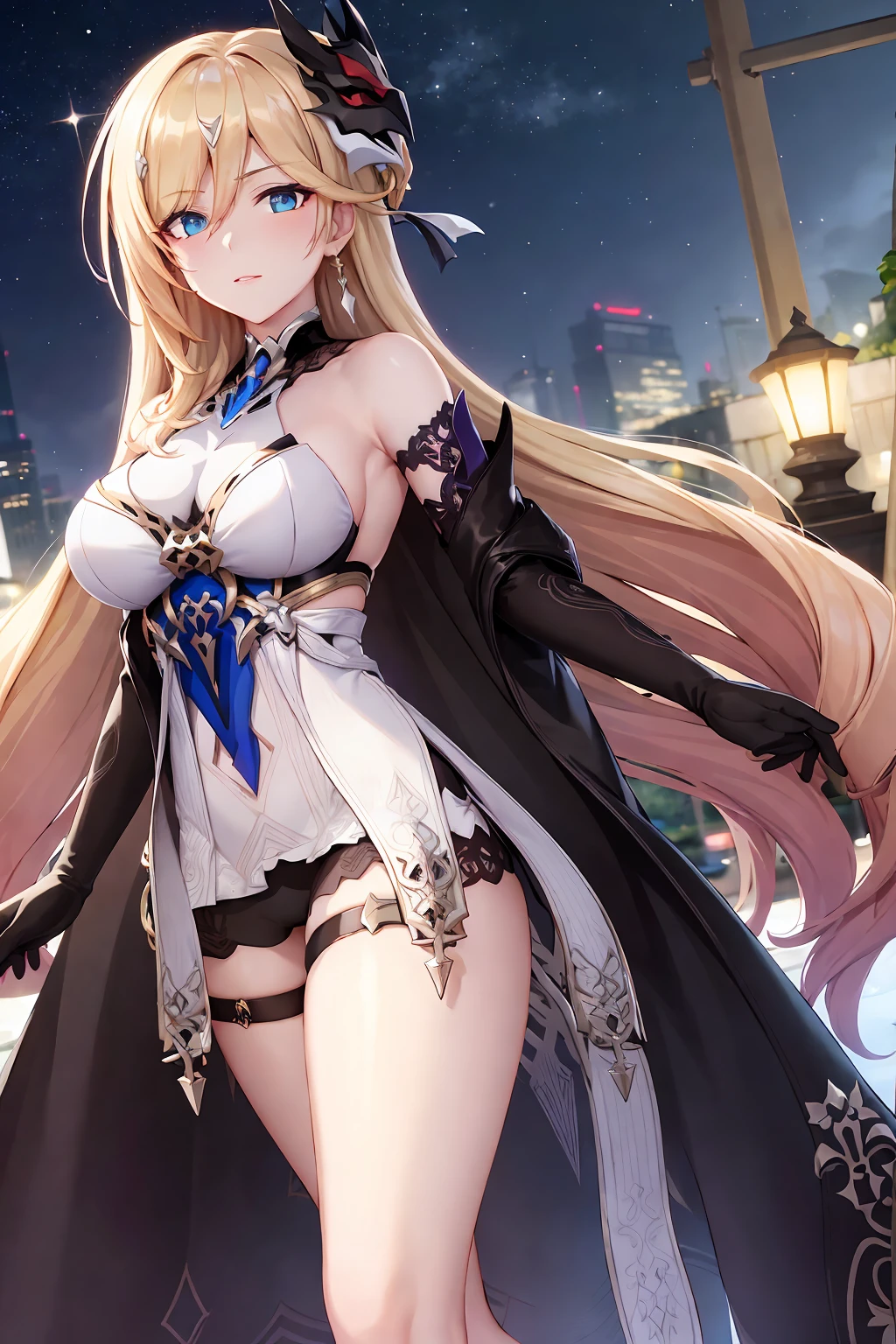 (masterpiece:1.2, best quality), (finely detailed beautiful eyes: 1.2), (extremely detailed CG unity 8k wallpaper, masterpiece, best quality, ultra-detailed),  Durandal \\(honkai impact\\) , ((large breasts)), long hair, mature female, one eye covered, jewelry, mask, black gloves, elbow gloves, fur trim, dress, coat,  High contrast, (best illumination, an extremely delicate and beautiful),1girl,( backround, outdoors,  front on),  looking at viewer,beautiful detailed glow,full body, (beautiful detailed face, beautiful detailed eyes)