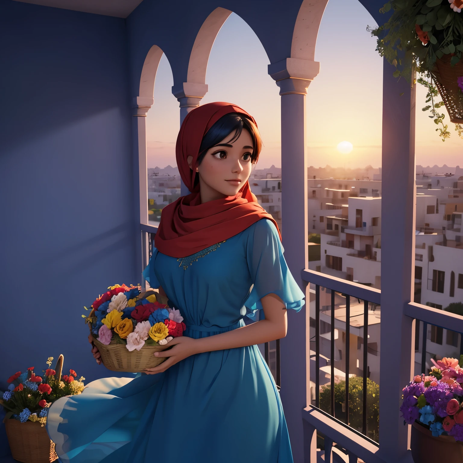 Generate an animated image of a beautiful Arabian girl wearing blue chiffon dress with red headscarf holding a basket of flowers on a balcony at sunrise, 3d animation, Pixar style