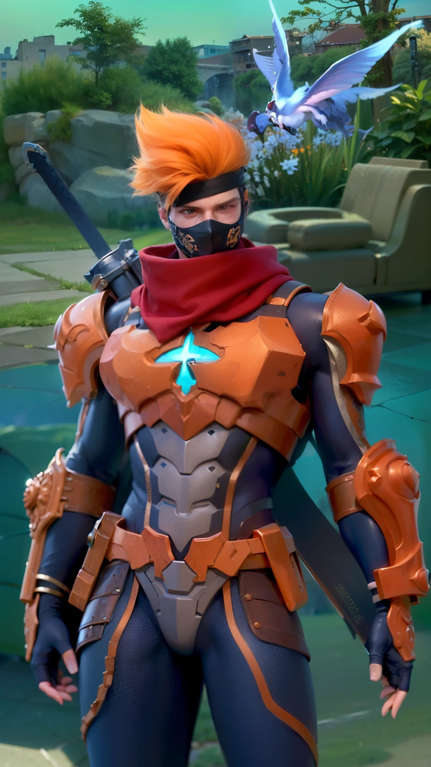 masculine male, masterpiece, ((perfect eyeest quality, (semirealism:1.9), beautiful lighting, (extremely detailed CG unity 4k fhd wallpaper), High Detail, Sharp focus, dramatic outdoors, 1 boy ,19 years old, orange hair, light purpel eyes, smile, Attractive profile picture, masterpiece, ultra-precise rendering, beautiful and cool young man, trustworthy, dependable young man, savior of the world, design, most beautiful image, 4K, light green eyes, the color of the clothes is the same as the original, demon ninja, demon armor, sword.