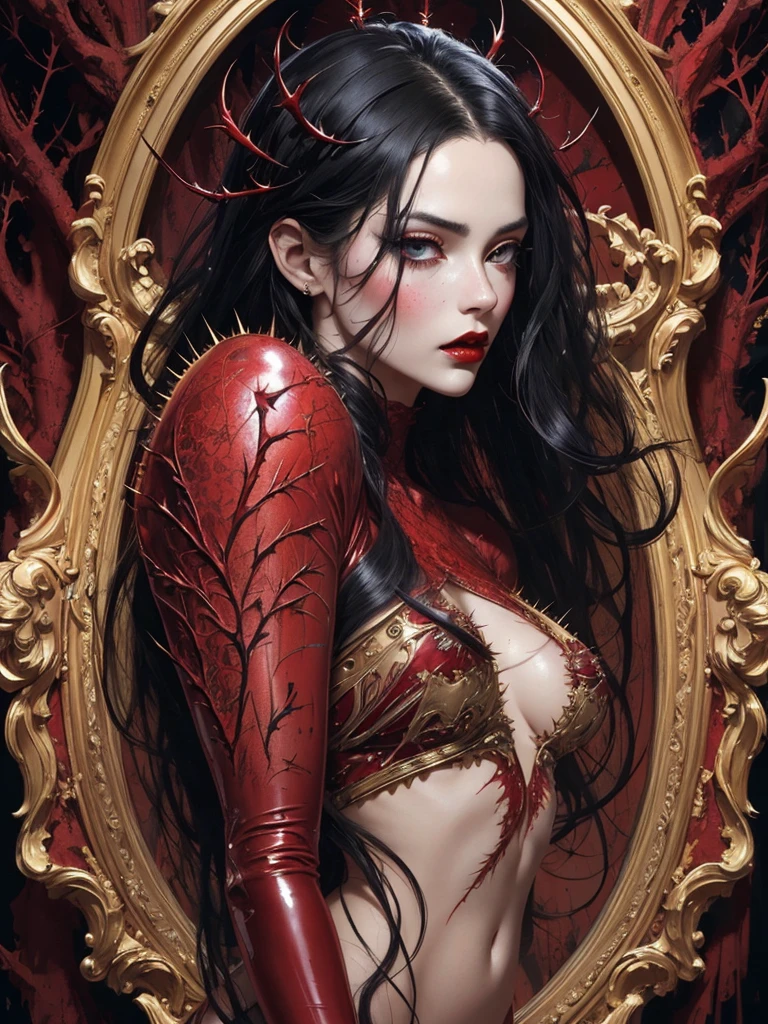 pretty female in latex golden red lingerii, full body portrait, magnificent, masterpiece head_portrait by tom bagshaw windblowing black hair, black eyes, blue, blond hair, lace, stunning, glorious, glamorous, red lips, Luis Royo, thorns art by carne griffiths, michael hussar, h.r. giger , detailed, realisti