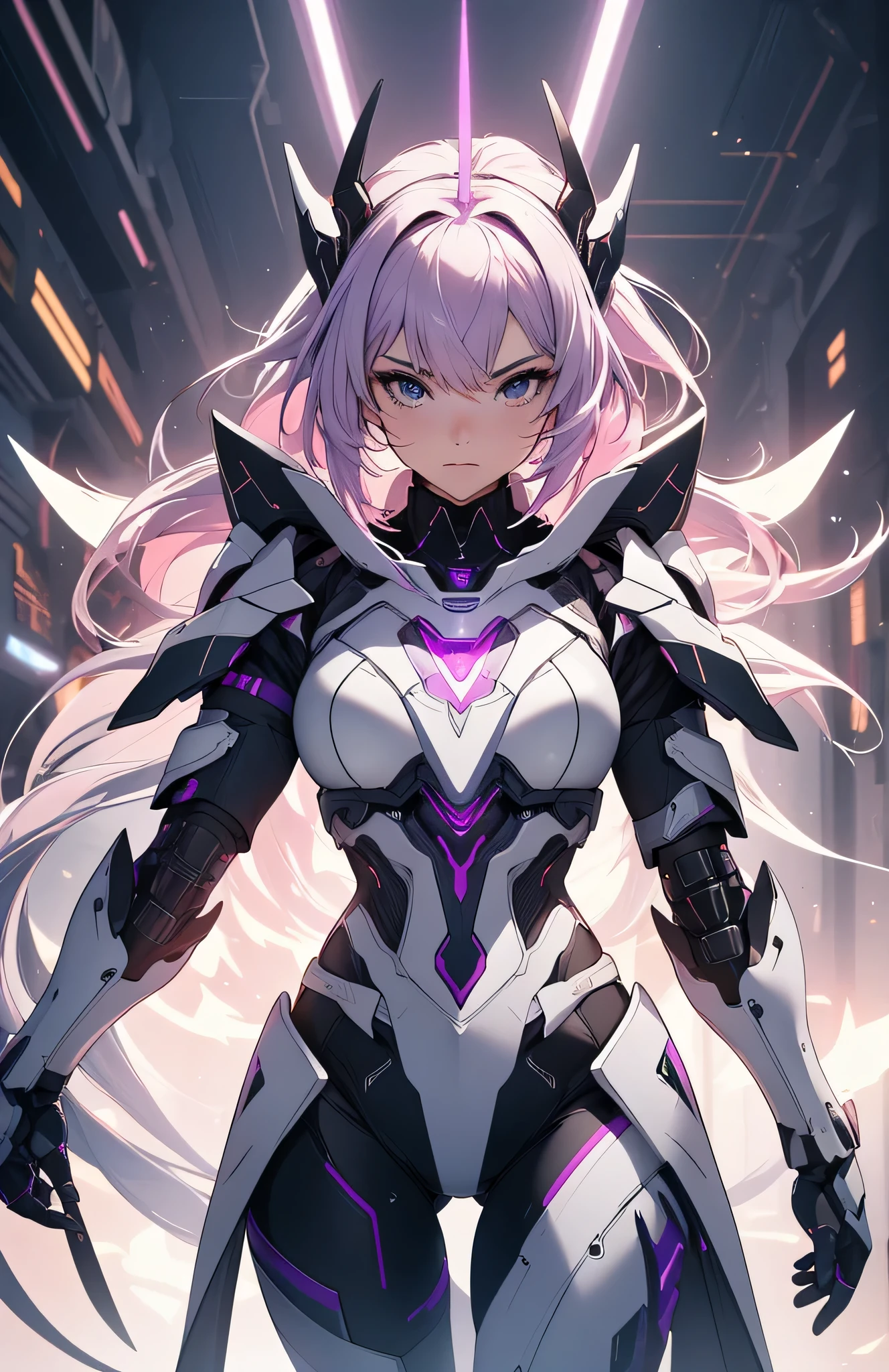 Over-the-shoulder, third person, view of a female character in medium/heavy cybernetic armor. The character has hair that is white at the roots, pink, at mid length, & purple/violet at the tips each piece of armor she wears matches a purple/pink/white theme, featuring lights & holographic info close to the armor. The character showcases, multiple armor pieces made by different manufacturers. Her right shoulder features, a large dragon series pauldron. In her right arm is a large electromagnetic, buster sword, and her left hand features a large gauntlet capable of shielding & blasting energy waves. Over her armor is neo futuristic cape, & cowl. The view features a heads up display which is minimal, but informative. It features to cool down gauges, one of which is an ability gauge, & the other is a support gauge also featured in the heads of display is compass orientation via 360° numbers at the top of the screen. there is health & shield info at the bottom of frame. Semi hyper real