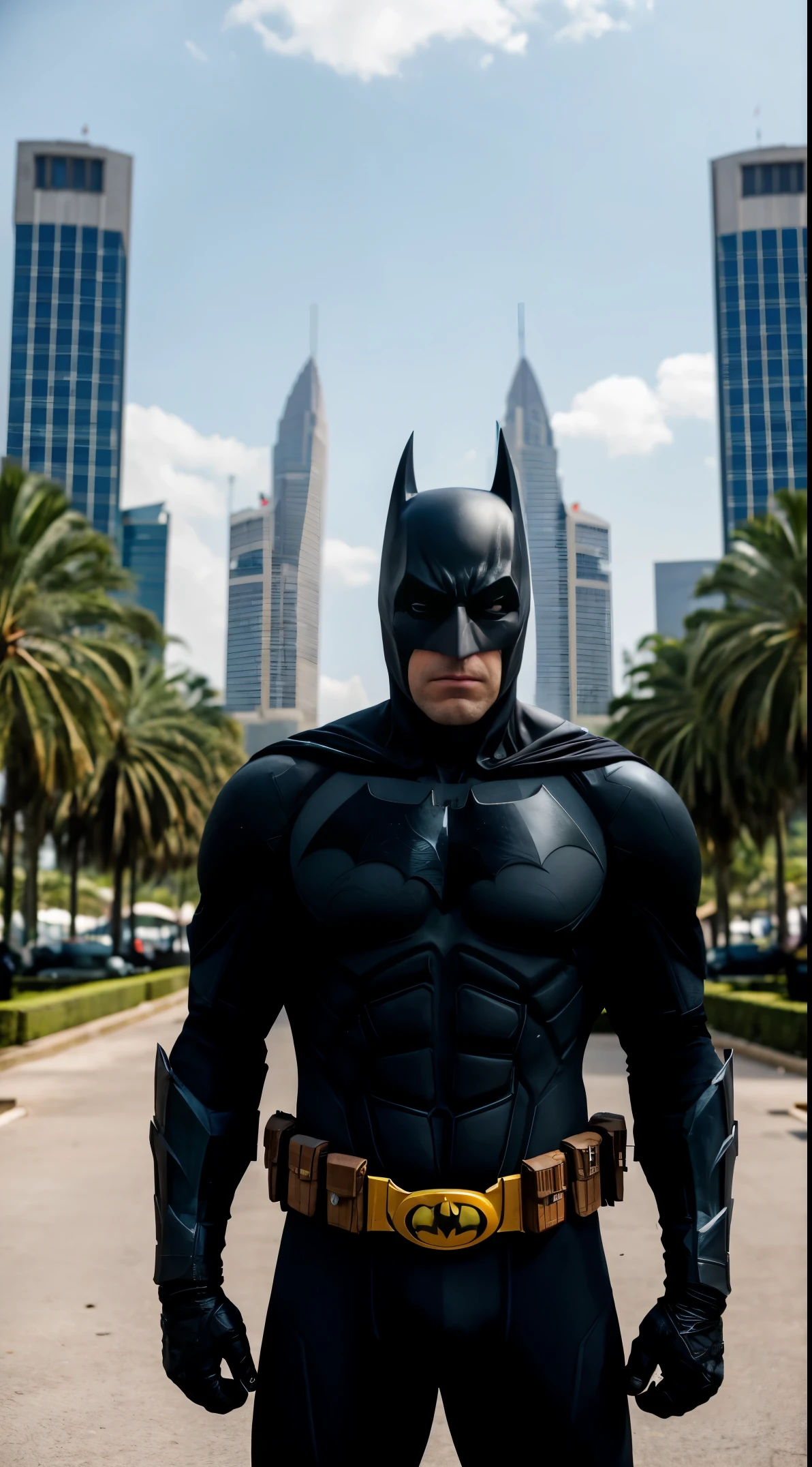 Batman portrait photo of a bruce wearing batman suit and black suit with batman logo, shooting a shootgun in the parking lot with the jakarta monas building and palm trees in the background, high quality, very sharp, professional photography, lightning, zombie