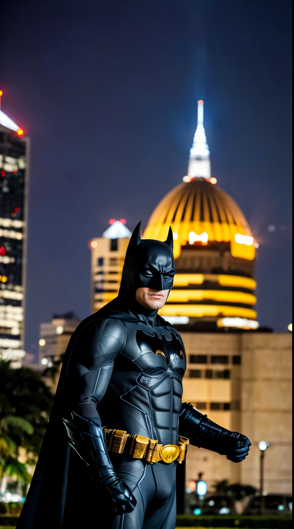 Batman portrait photo of a bruce wearing batman suit and black suit with batman logo, shooting a shootgun in the parking lot with the jakarta monas building and palm trees in the background, high quality, very sharp, professional photography, lightning, zombie