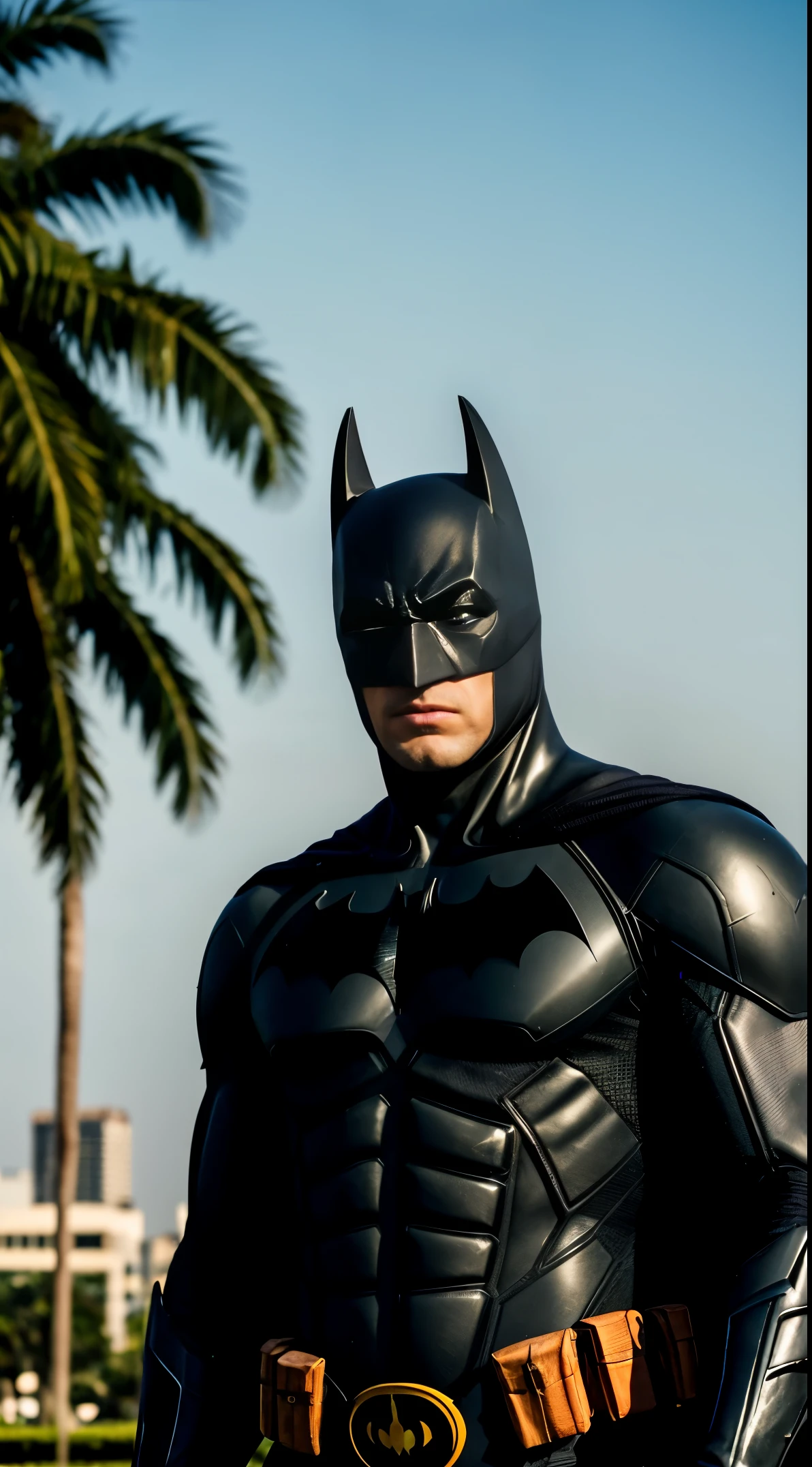 Batman portrait photo of a bruce wearing batman suit and black suit with batman logo, shooting a shootgun in the parking lot with the jakarta monas building and palm trees in the background, high quality, very sharp, professional photography, lightning, zombie