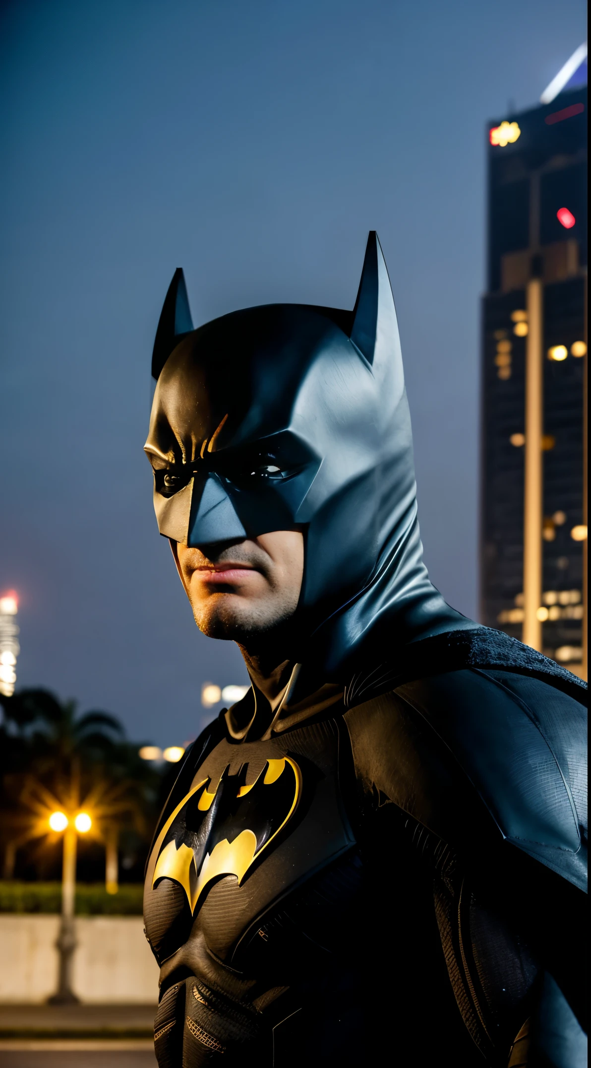 Batman portrait photo of a bruce wearing batman suit and black suit with batman logo, shooting a shootgun in the parking lot with the jakarta monas building and palm trees in the background, high quality, very sharp, professional photography, lightning, zombie