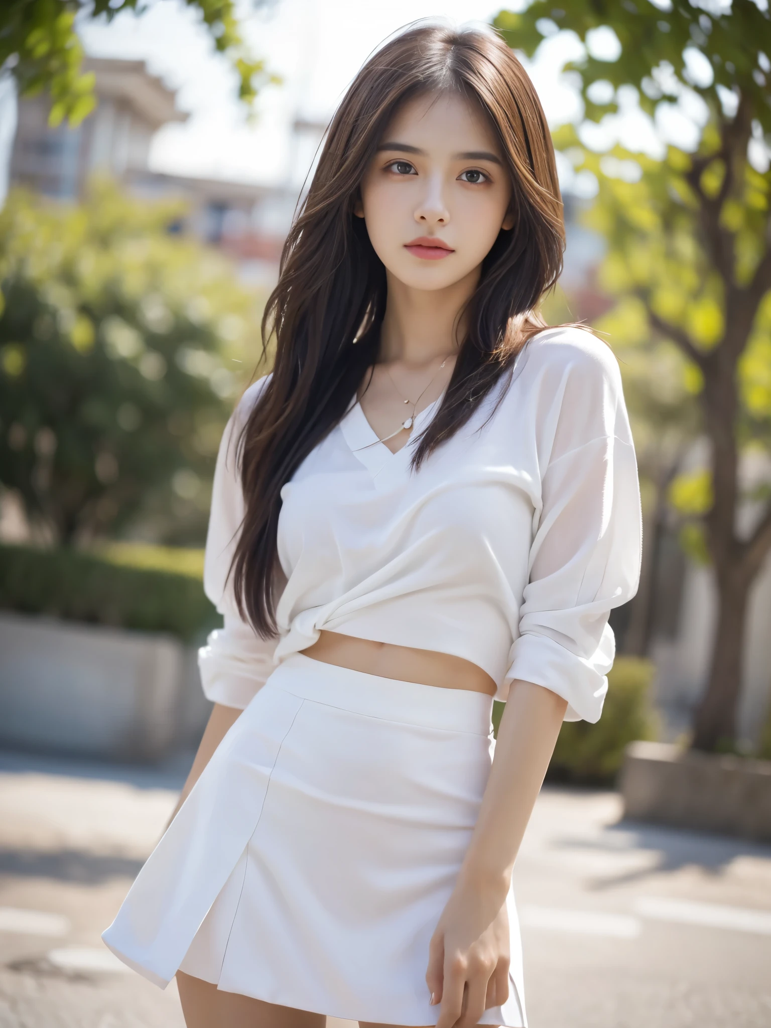 Obra maestra, La mejor calidad, ultra-high resolution, Foto de alto detalle, Unidad 8K Fondo de pantalla, CG extremadamente detallado:1.2),(Foto RAW:1.realistic photography:1.4), 1girll, joven, physically based representation, beautiful, (Cara finamente detallada:1.4, Ropa detallada), (Detallado:1.4) Cara hermosa, Profundidad de campo, Agregar capa, hiperrealista, 27 years old, Modelo de cuerpo perfecto, senos perfectos, 175cm de altura, pose sexy, cuerpo completo, Tipo de cuerpo del modelo, white shirt, superskirt, photo studio, Cabello largo, Eimi Fukada, doble parpado, depth of field, bokeh