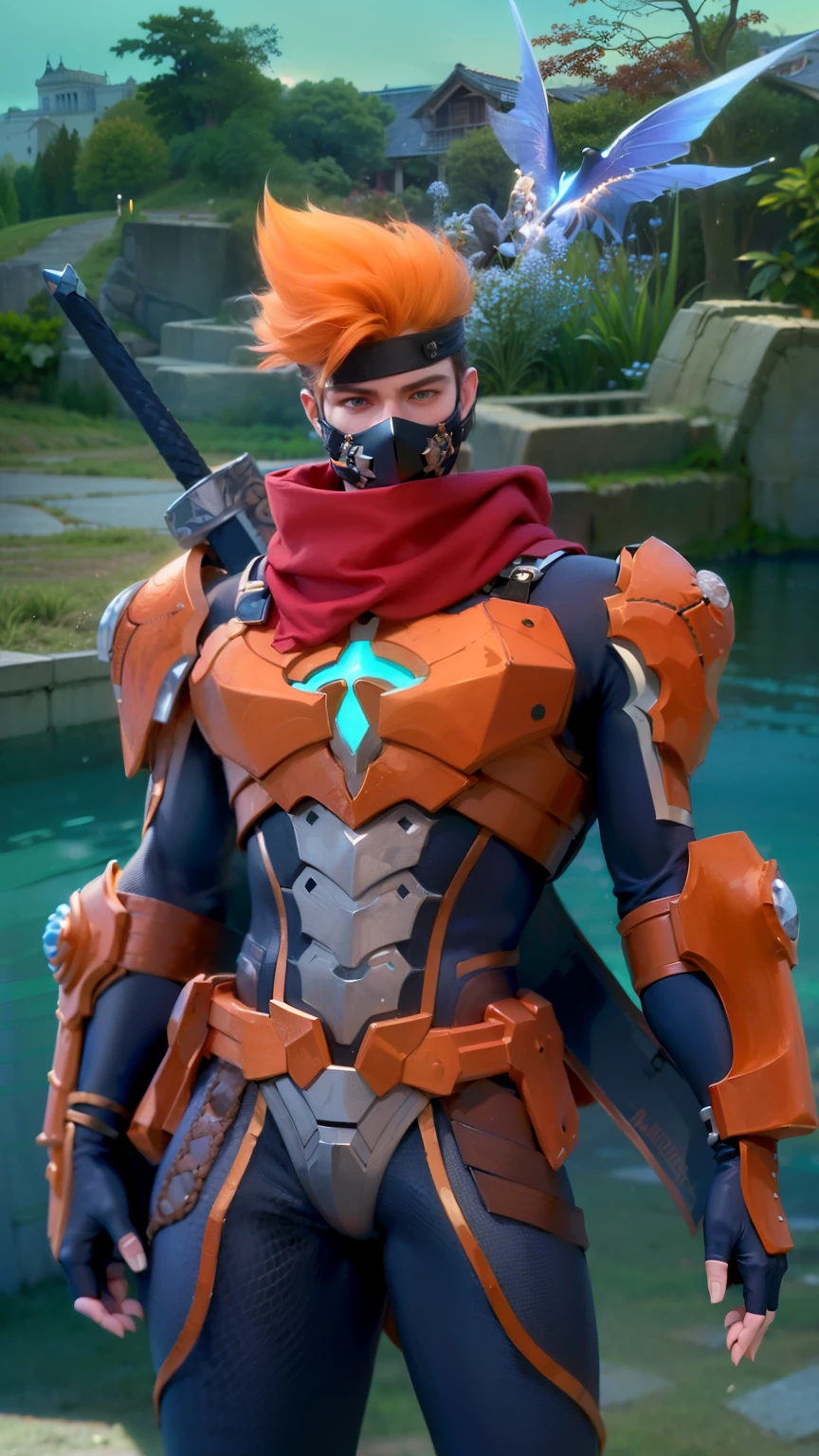 masculine male, masterpiece, ((perfect eyeest quality, (semirealism:1.9), beautiful lighting, (extremely detailed CG unity 4k fhd wallpaper), High Detail, Sharp focus, dramatic outdoors, 1 boy ,19 years old, orange hair, light purpel eyes, smile, Attractive profile picture, masterpiece, ultra-precise rendering, beautiful and cool young man, trustworthy, dependable young man, savior of the world, design, most beautiful image, 4K, light green eyes, the color of the clothes is the same as the original, demon ninja, demon armor, sword.