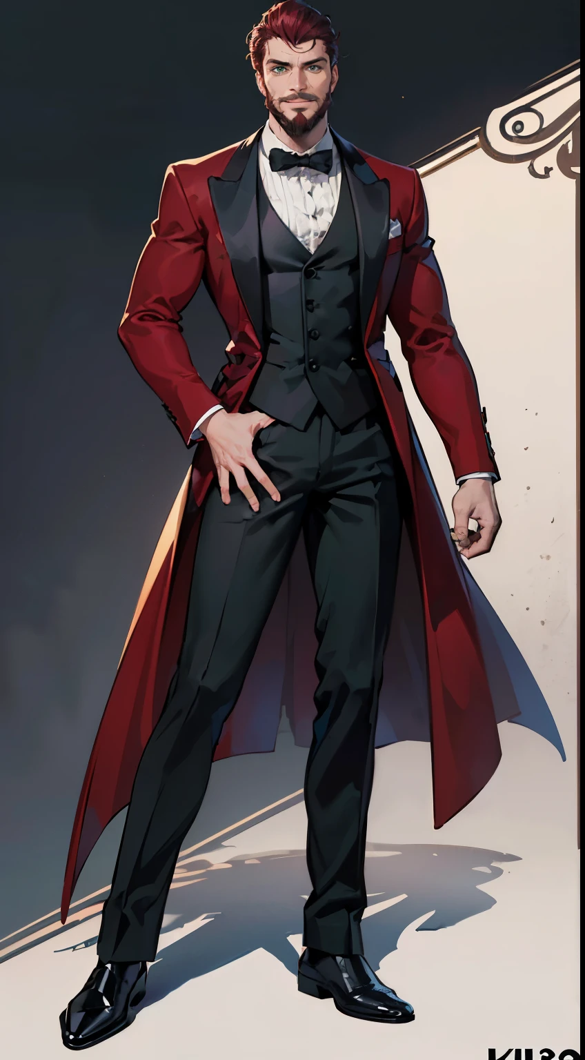 ((masterpiece,best quality,8k,highres)),((character concept art)), 1 male, middle-age man, king's butler, 190cm tall, extraordinary charming man, menacing, (smirk smile), shapely breasts, super great body build ((burly,muscular)), ultra finely detailed eyes, (green eyes colour), intricate details, short curly hair, (maroon hair colour), short goatee beard, super finely detailed hands, ultra finely detailed fingers(((ten fingers))), Stylish Butler leader outfit, black shoes, standing still, full body showcase, (show full body), (no logos on background), (no logo), (( background)), ((plain background)), ((empty background))