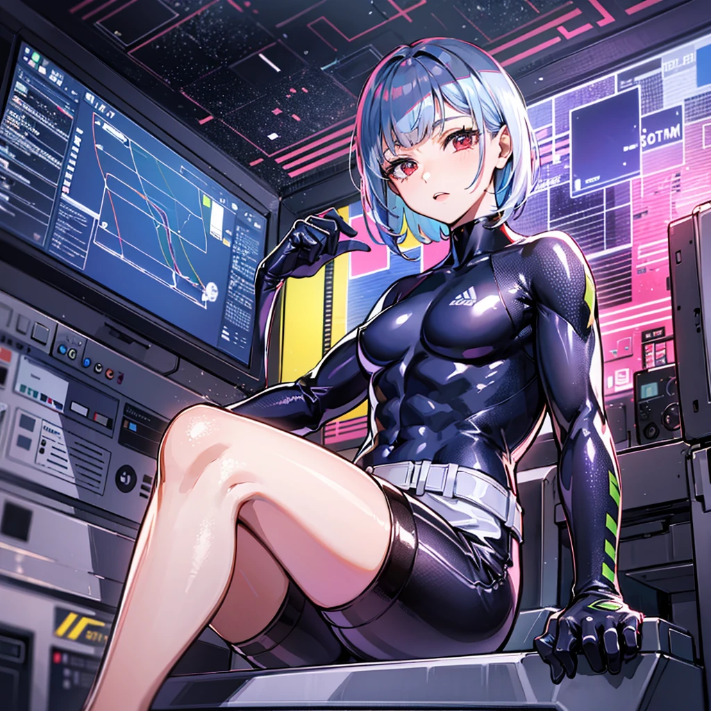 （（（​masterpiece、Top image quality、top-quality、highly detailed unity 8ｋwall-paper）））、（（Illustration of one girl））、（pilot）、（（（blue silver short hair）））、Red eyes、（（Tall））、（（（Muscle Girl、Muscular and strong body、abdominals、muscular and thick arms、muscular and thick legs、stocky build、muscular legs、broad shoulders））））、（（（白いpilotスーツ）））、（（manspreading、Sitting in the cockpit））、（（space fighter cockpit、The Universe on the Monitor、Earth seen from space））