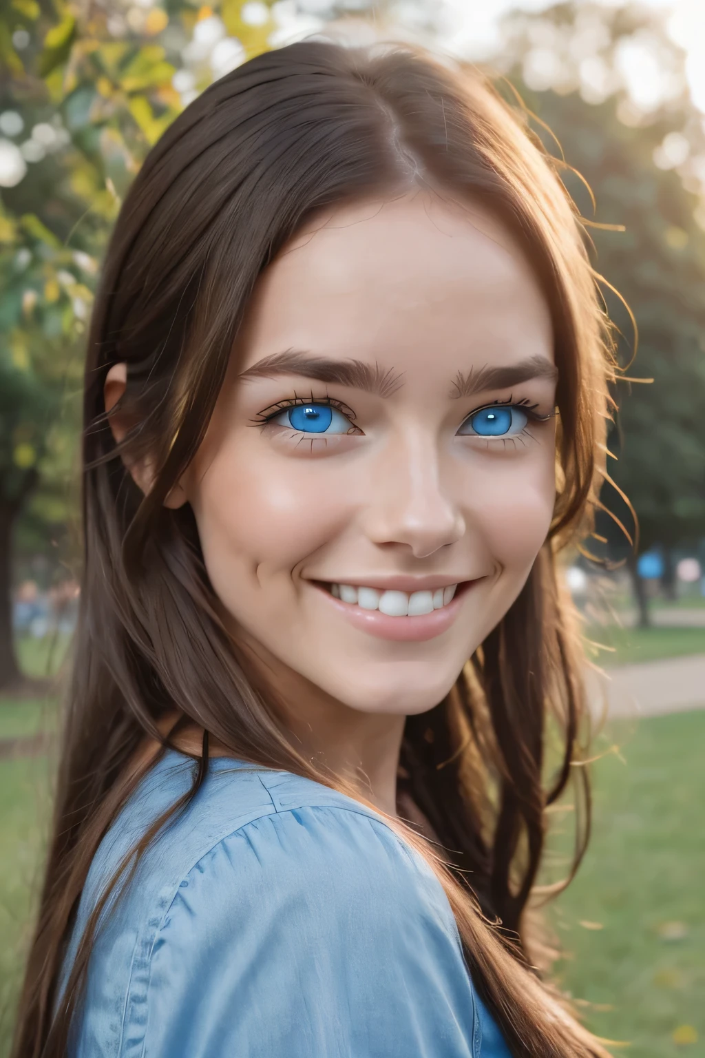 1girl, blue eyes, brunette, long hair, in a park, smiling